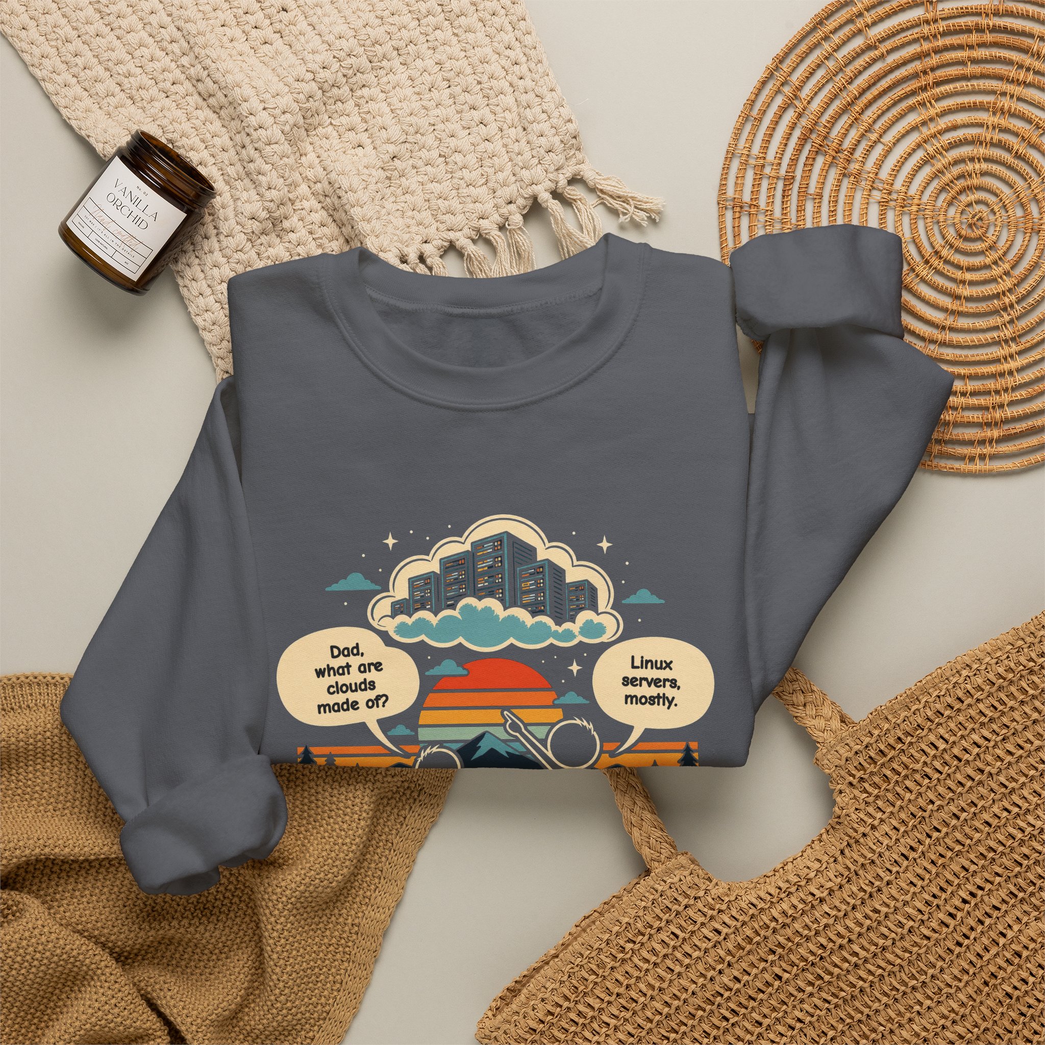 Linux Clouds crewneck sweatshirt in Charcoal, folded 2