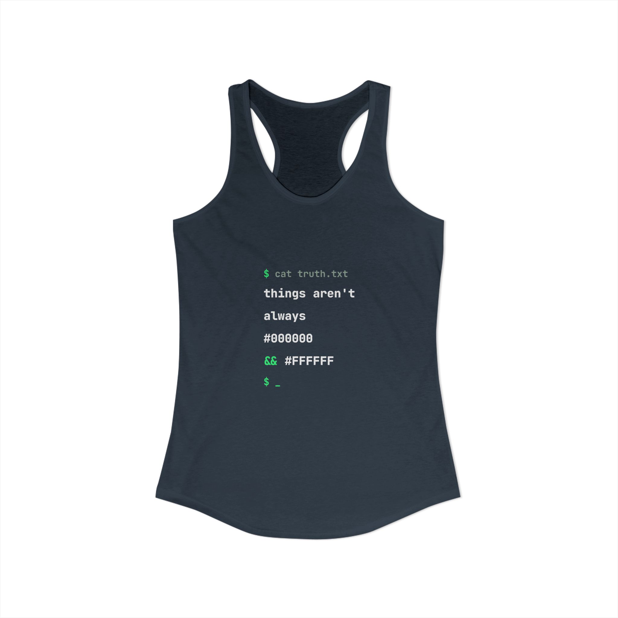 cat truth.txt women's racerback tank in Solid Indigo, front view