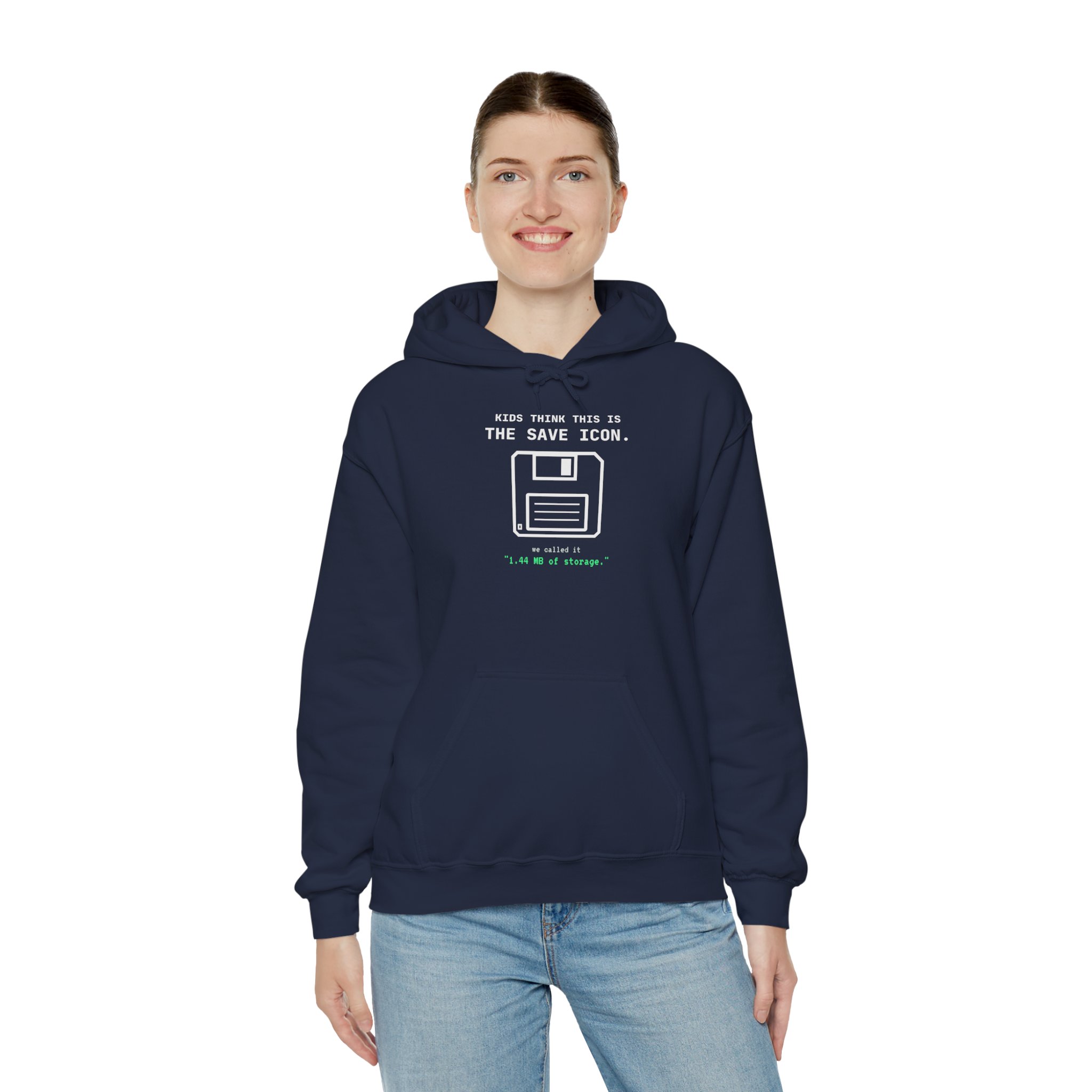 The Original Save Icon hoodie in Navy, worn by a model, third view