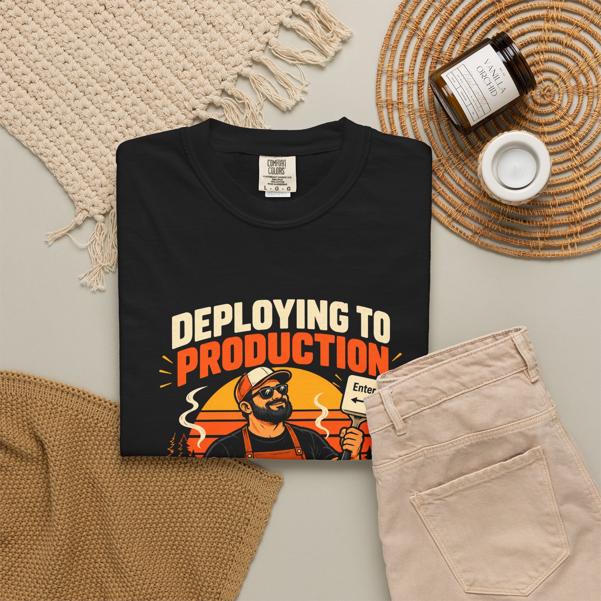 Deploying to Production T-shirt in Black, folded 2
