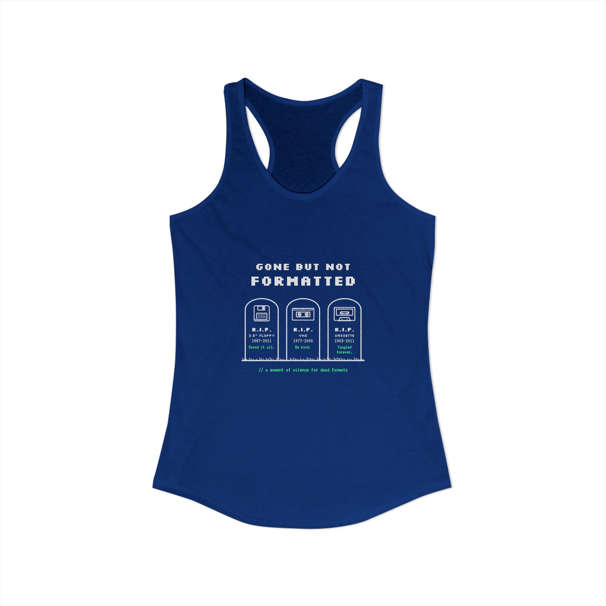 Gone But Not Formatted women's racerback tank in Solid Royal, front view