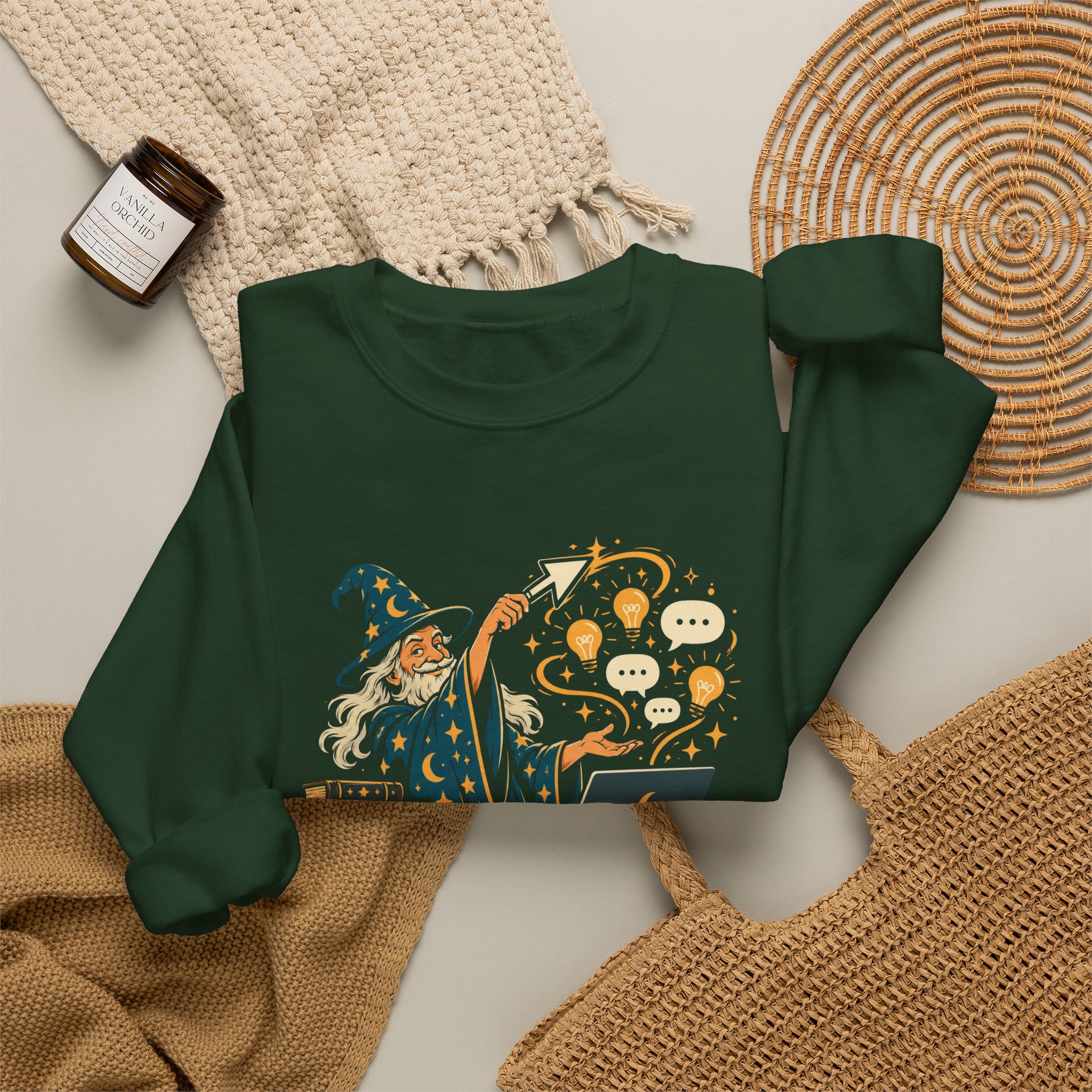 Prompt Wizard crewneck sweatshirt in Forest Green, folded 2