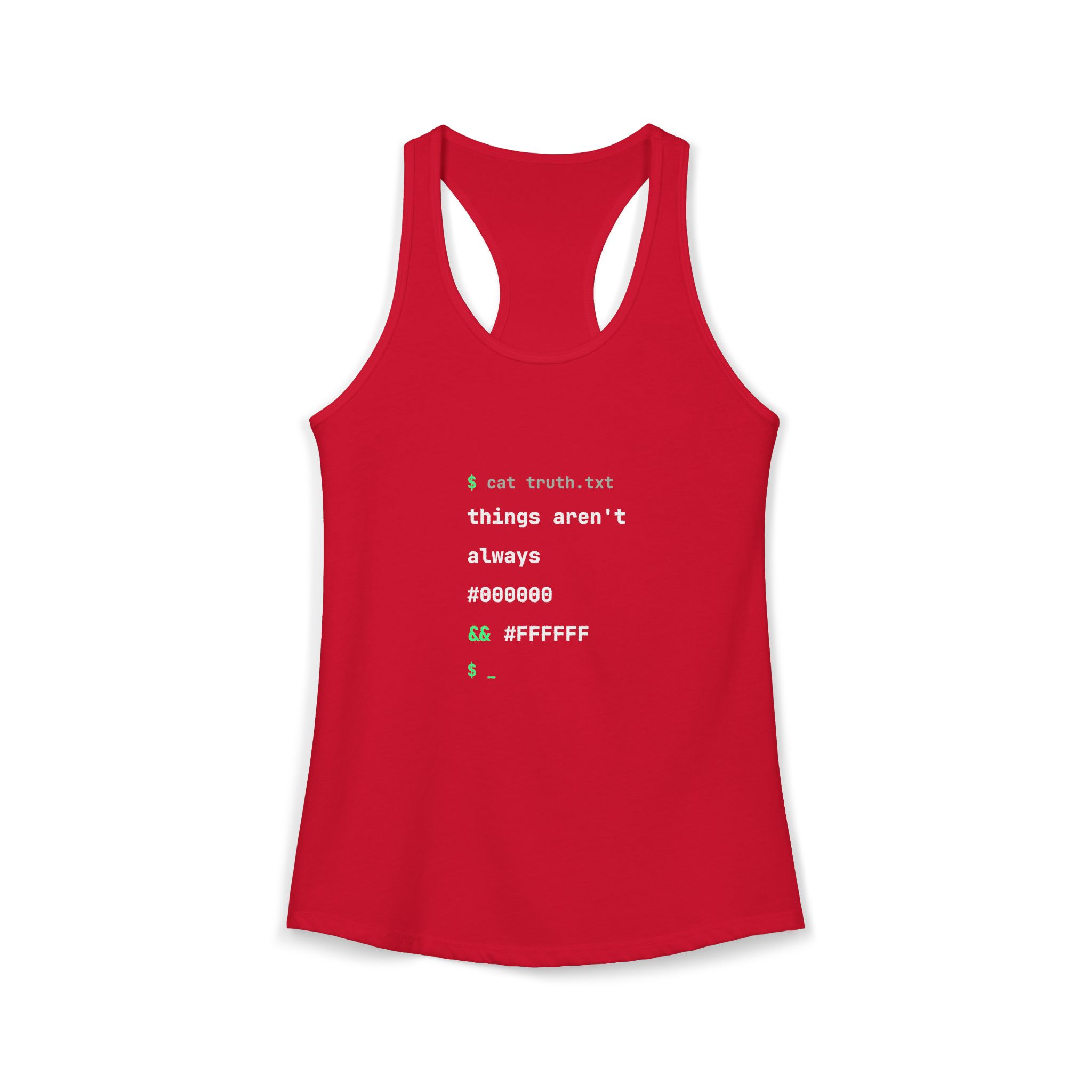 cat truth.txt women's racerback tank in Solid Red, front 2
