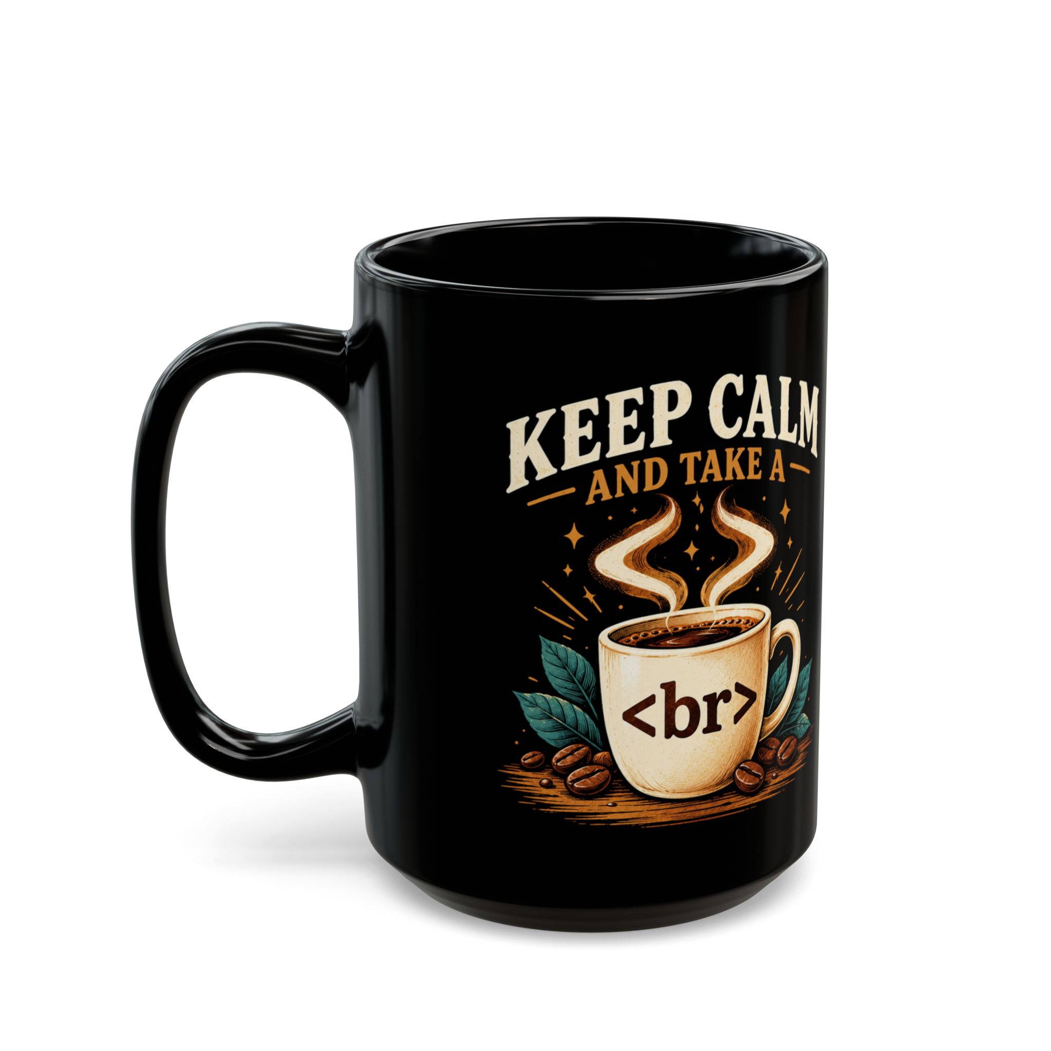 Keep Calm Coffee Break black mug, 15 oz, left side