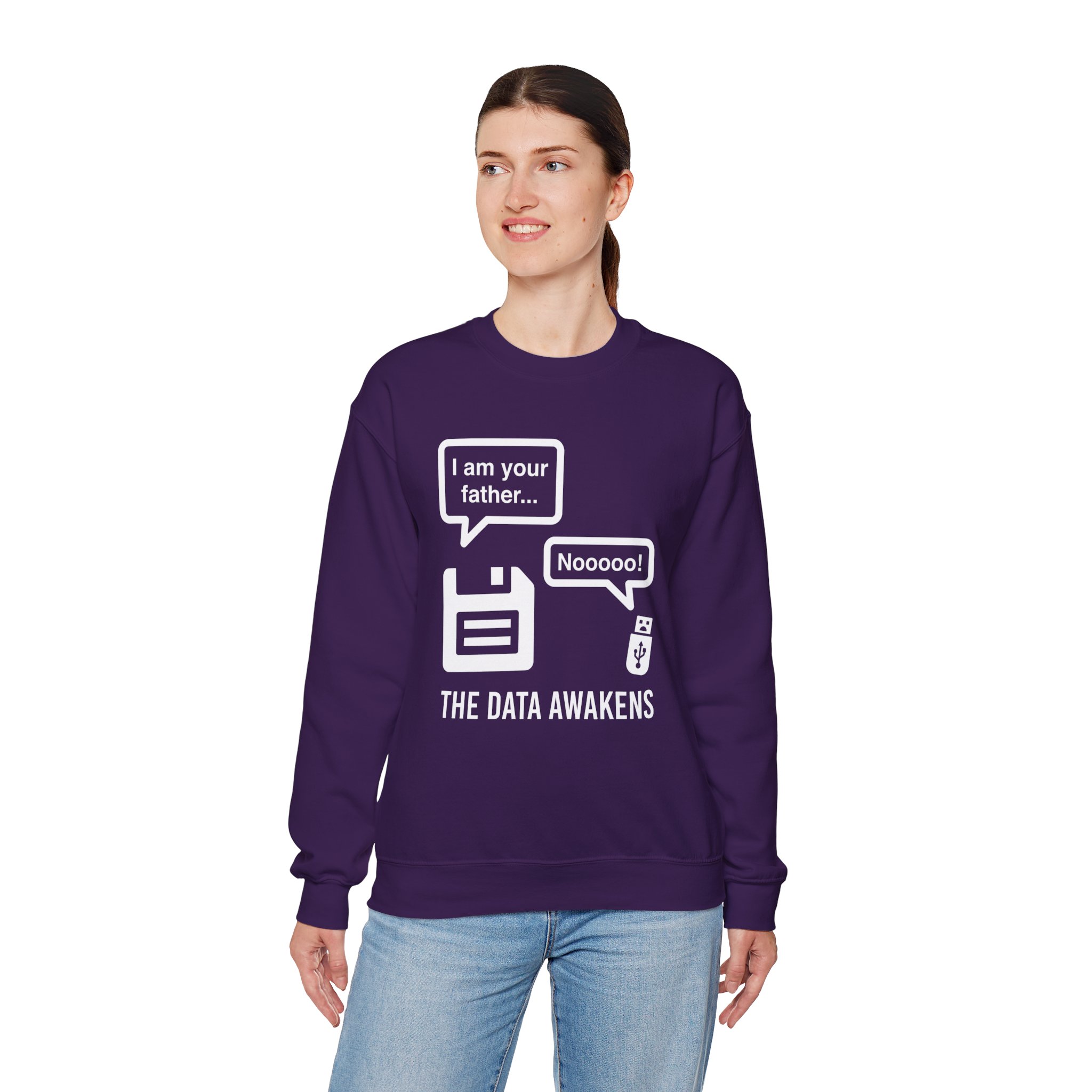 The Data Awakens crewneck sweatshirt in Purple, worn by a model, fourth view