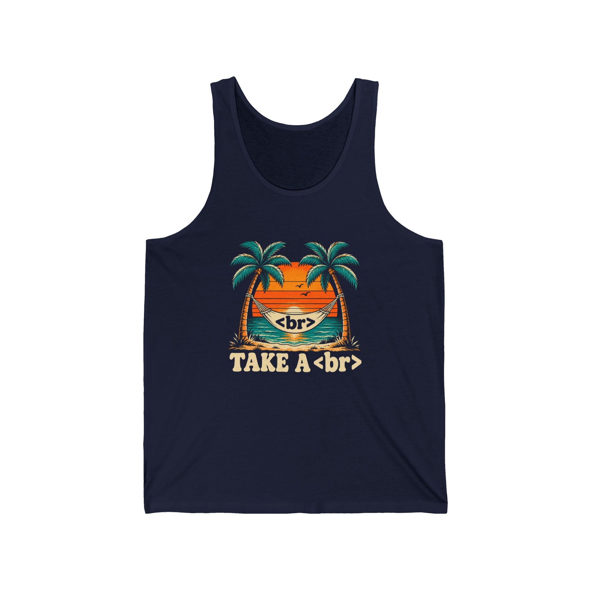 Take a Break Hammock unisex tank in Navy, front view