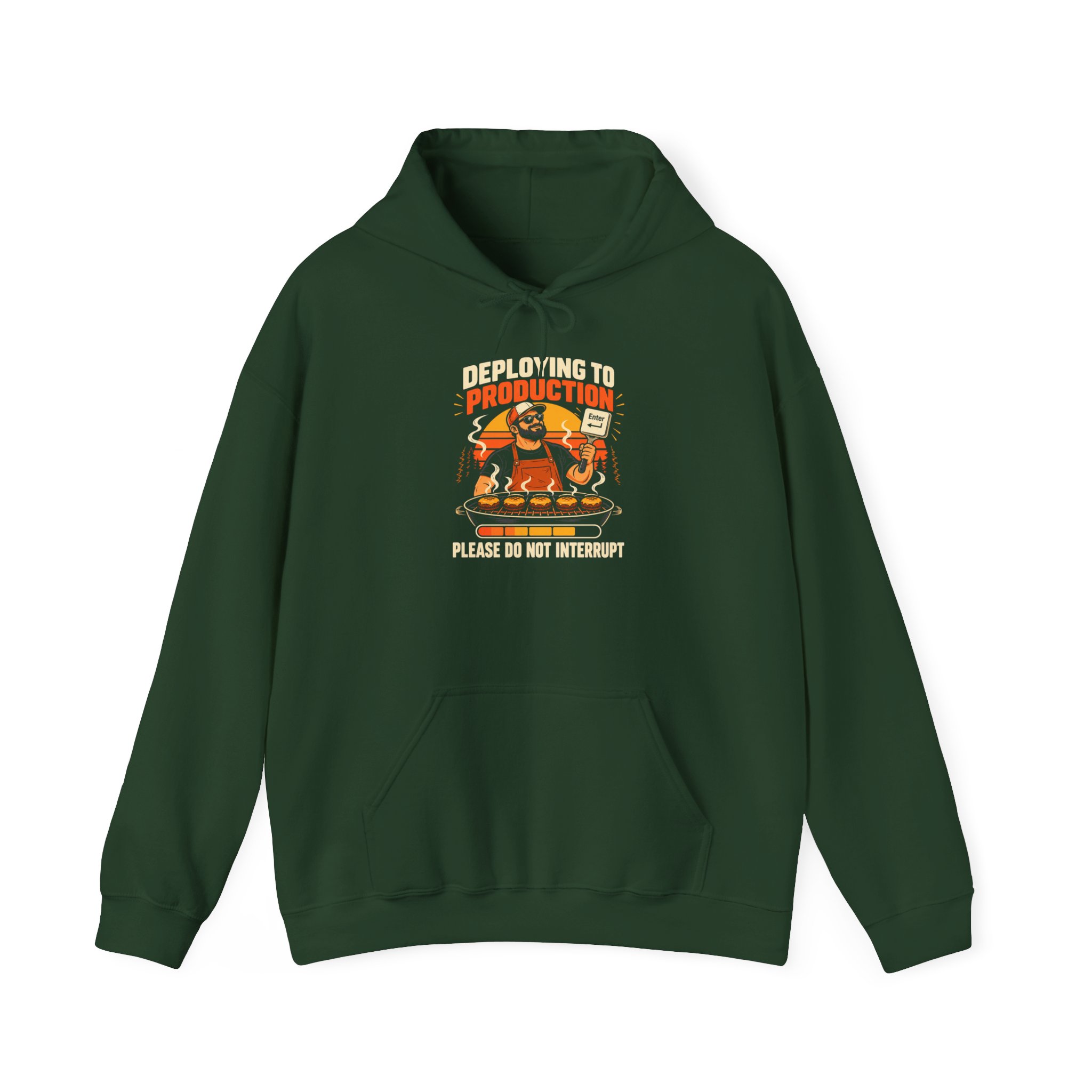 Deploying to Production hoodie in Forest Green, front view