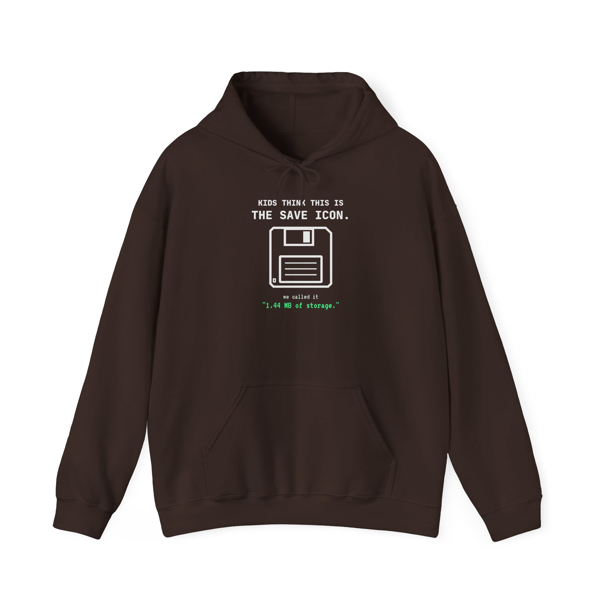 The Original Save Icon hoodie in Dark Chocolate, front view