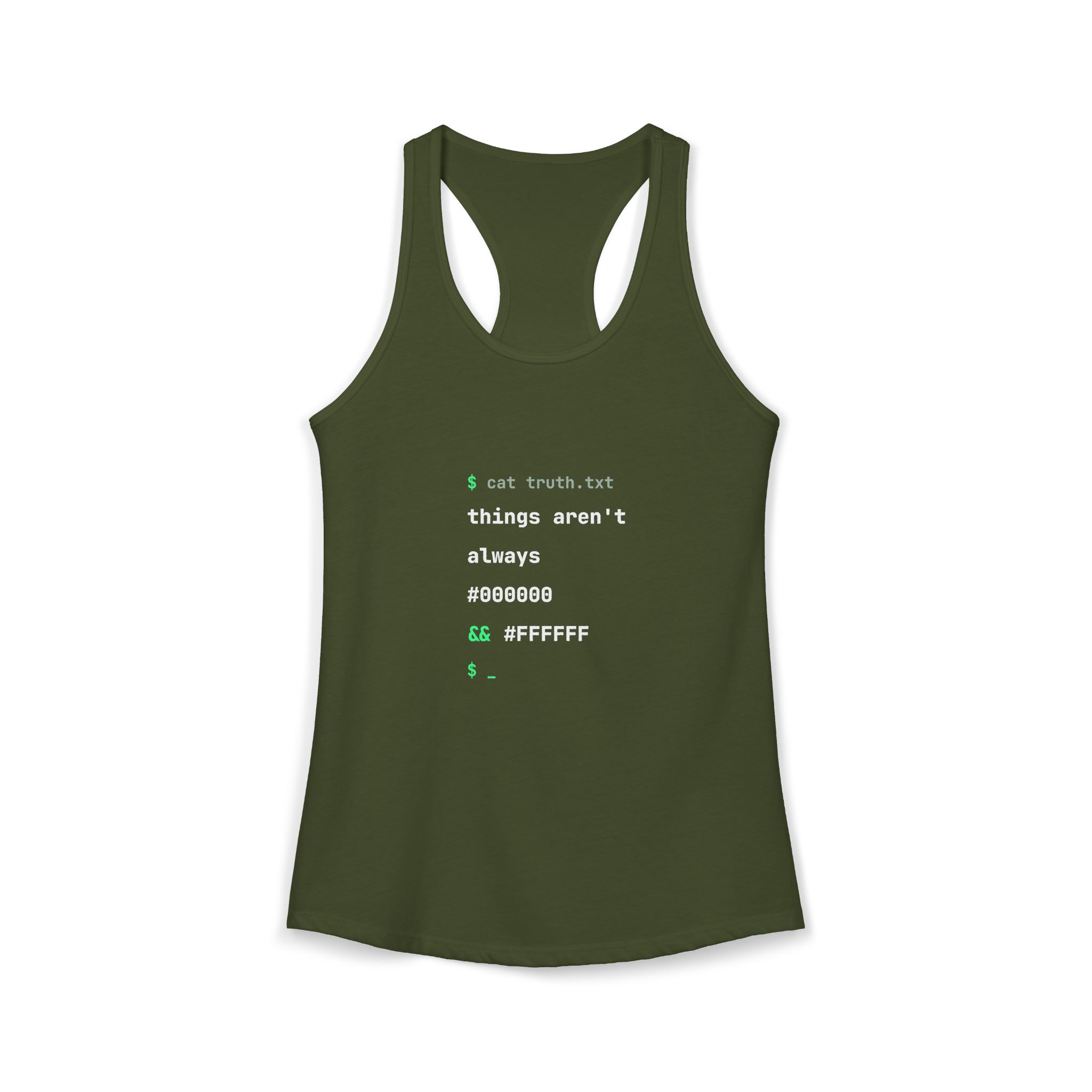 cat truth.txt women's racerback tank in Solid Military Green, front 2