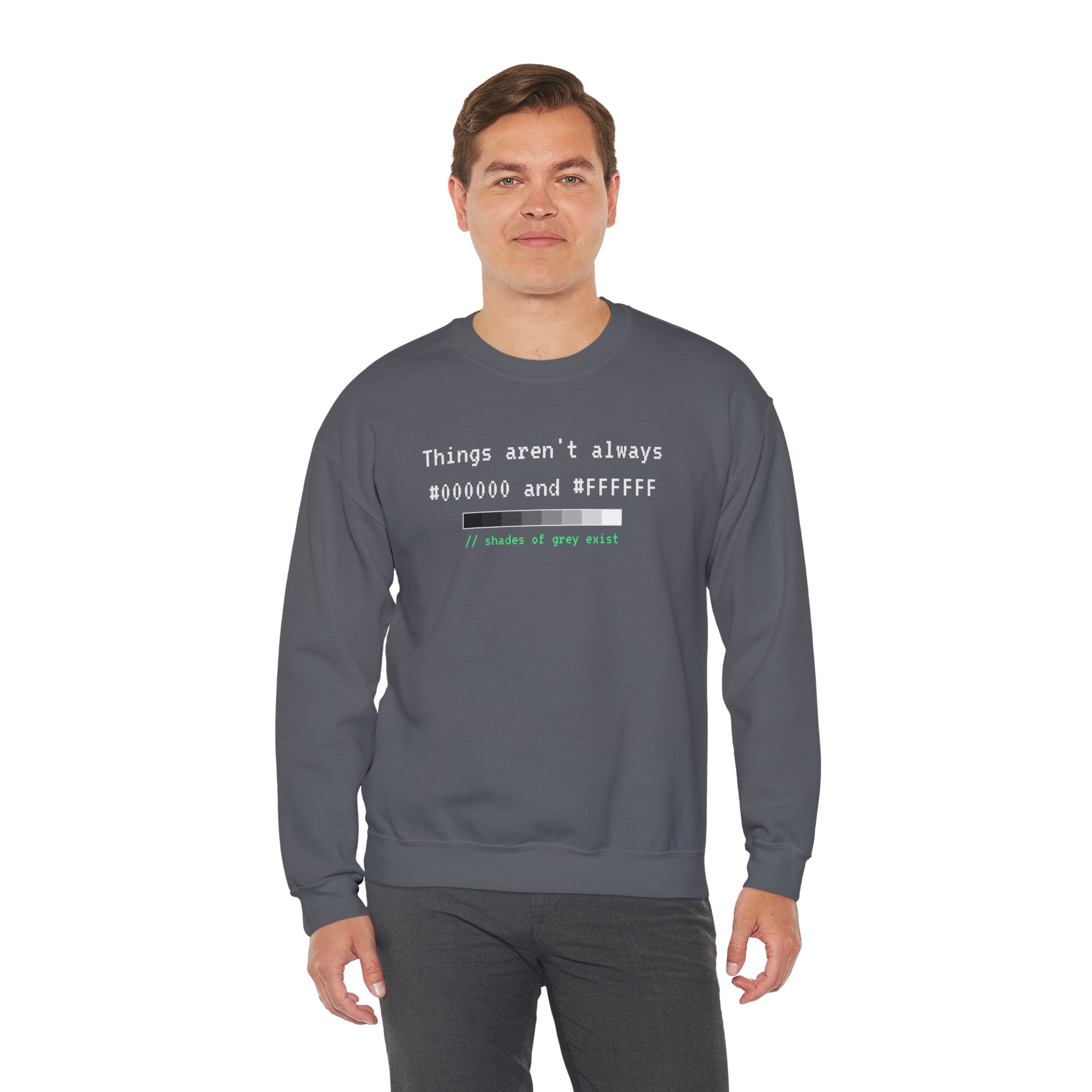 Shades of Grey Exist crewneck sweatshirt in Charcoal, worn by a model, third view