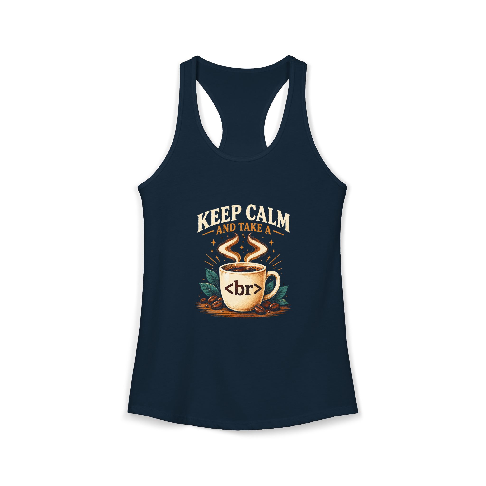 Keep Calm Coffee Break women's racerback tank in Solid Midnight Navy, front 2