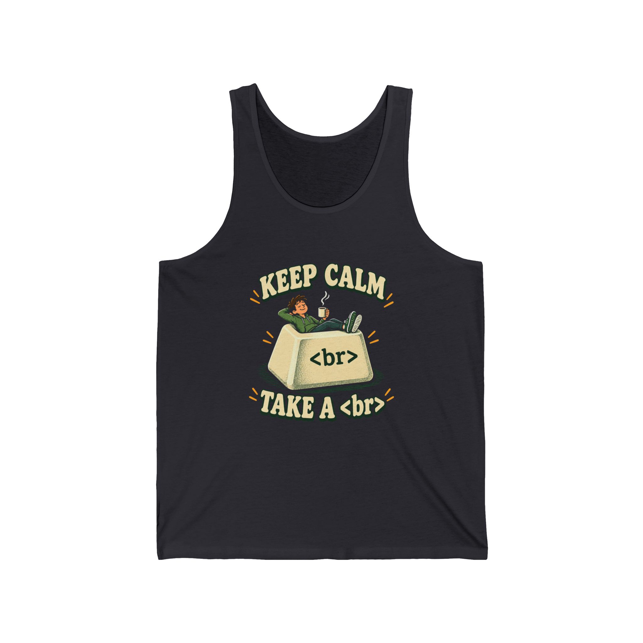 Keep Calm Keycap unisex tank in Dark Grey, front view