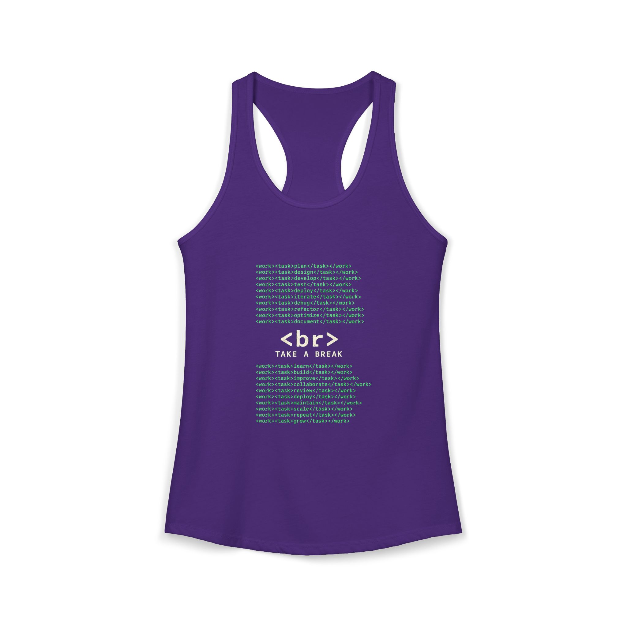 Work Work Break women's racerback tank in Solid Purple Rush, front 2