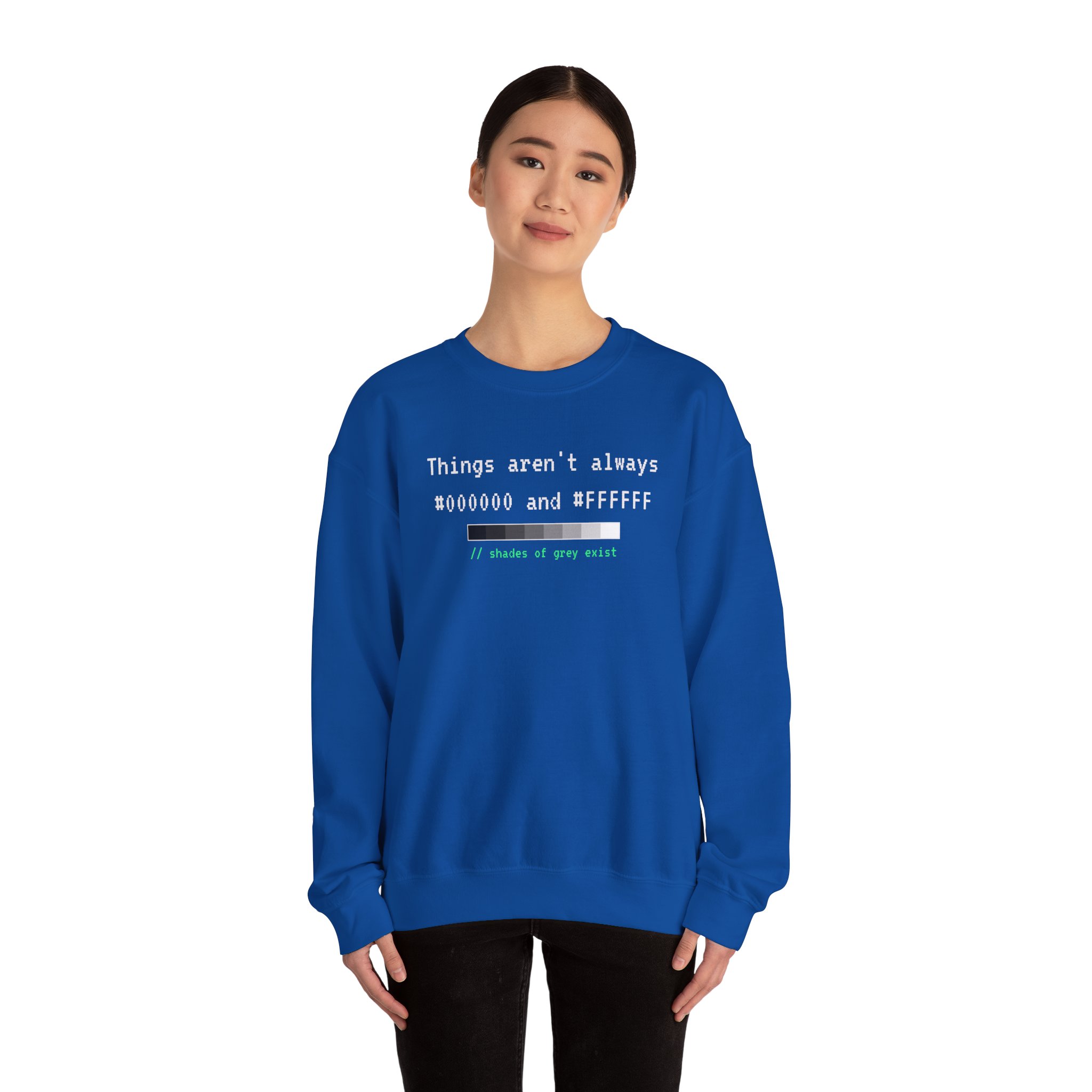 Shades of Grey Exist crewneck sweatshirt in Royal, worn by a model