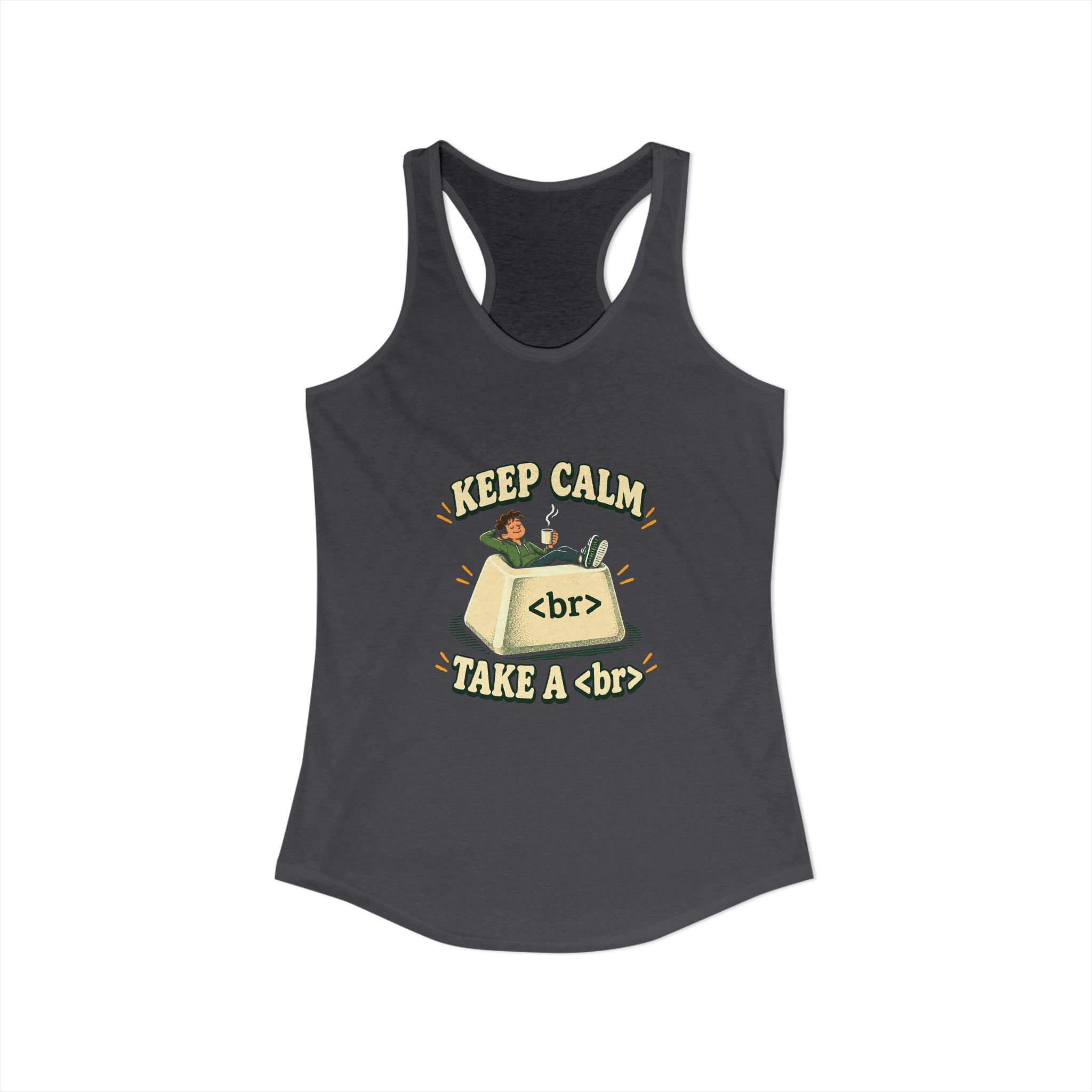 Keep Calm Keycap women's racerback tank in Solid Dark Gray, front view