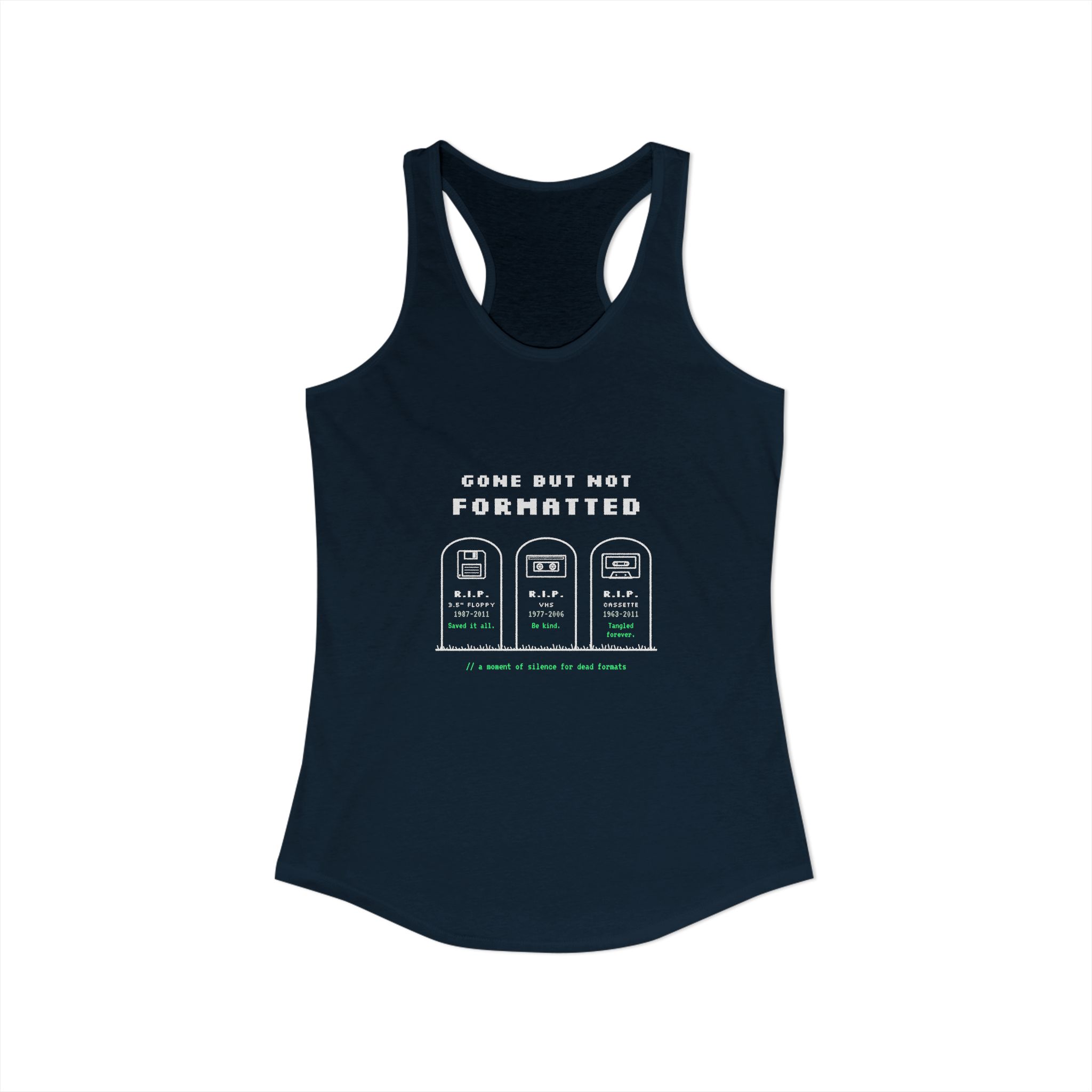 Gone But Not Formatted women's racerback tank in Solid Midnight Navy, front view