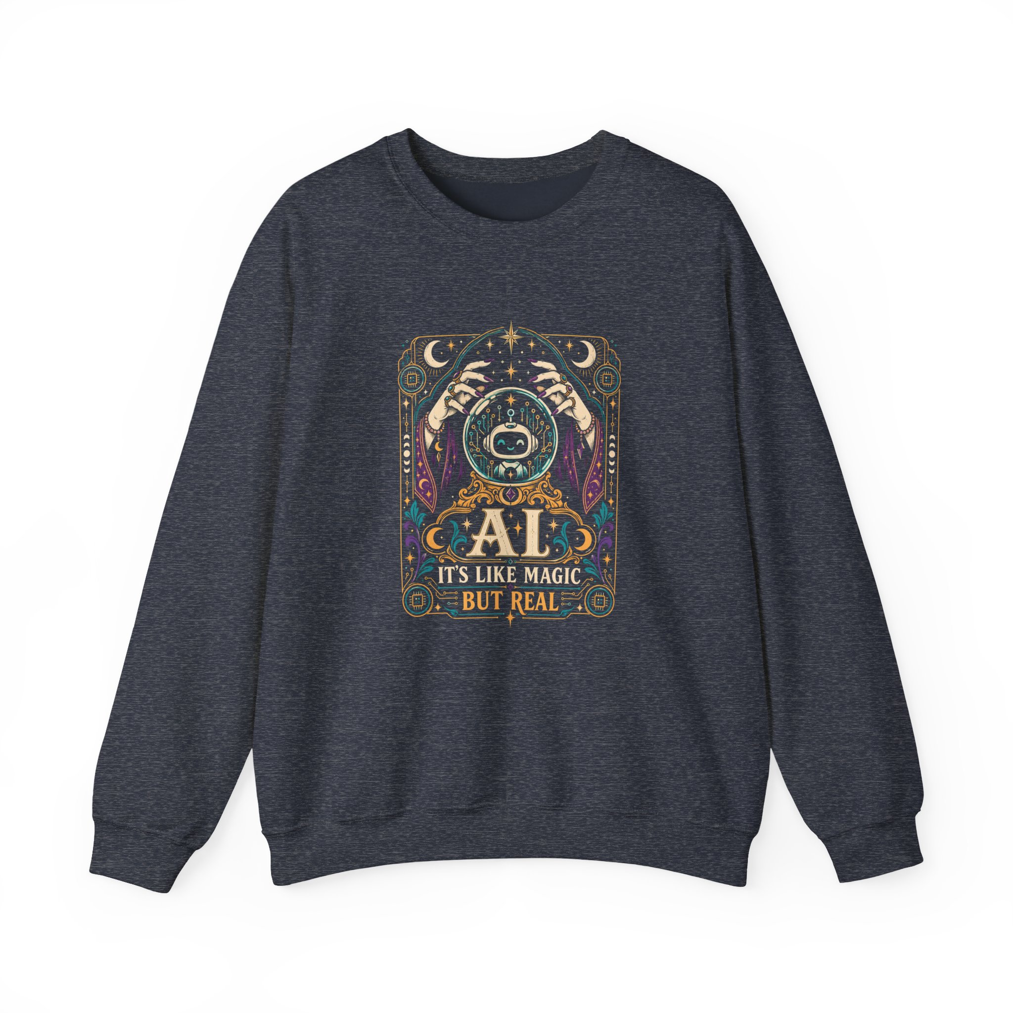 AI Magic Crystal Ball crewneck sweatshirt in Heather Sport Dark Navy, front view