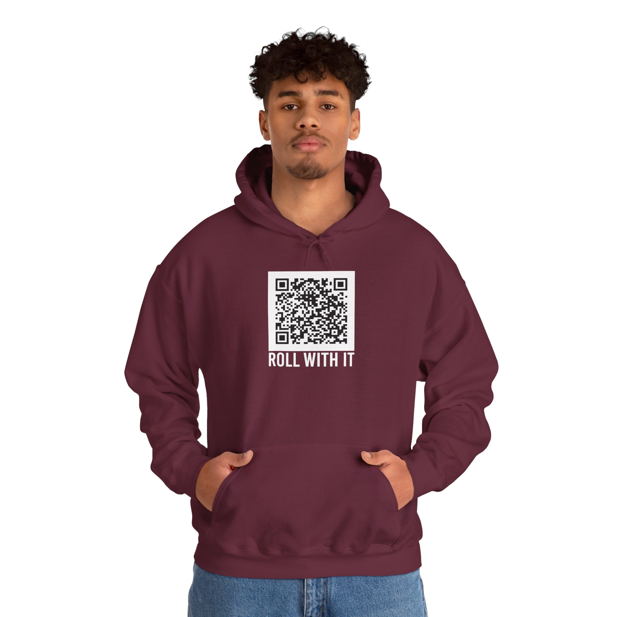 Roll With It QR Code hoodie in Maroon, worn by a model, second view