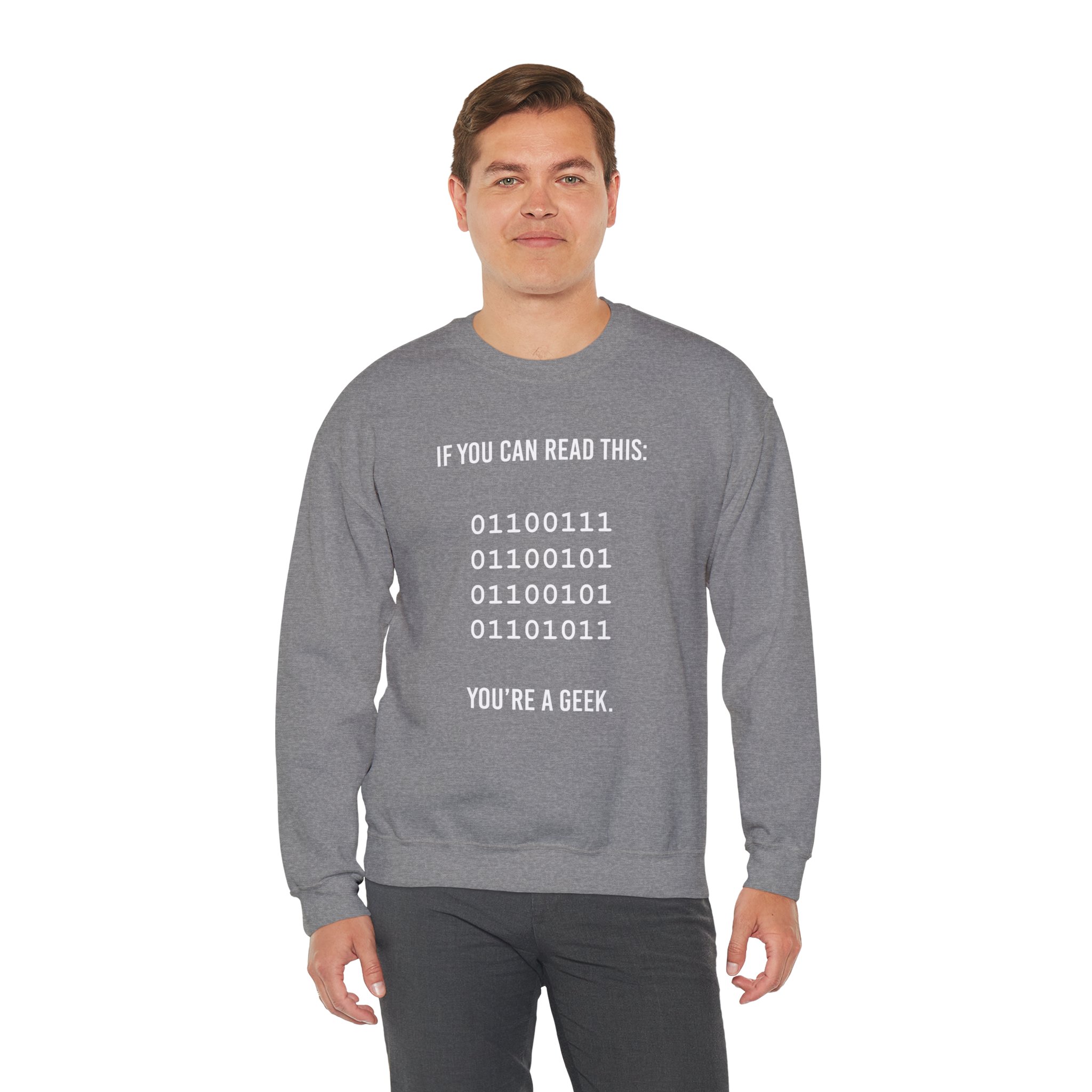 Geek Binary Code crewneck sweatshirt in Graphite Heather, worn by a model, third view