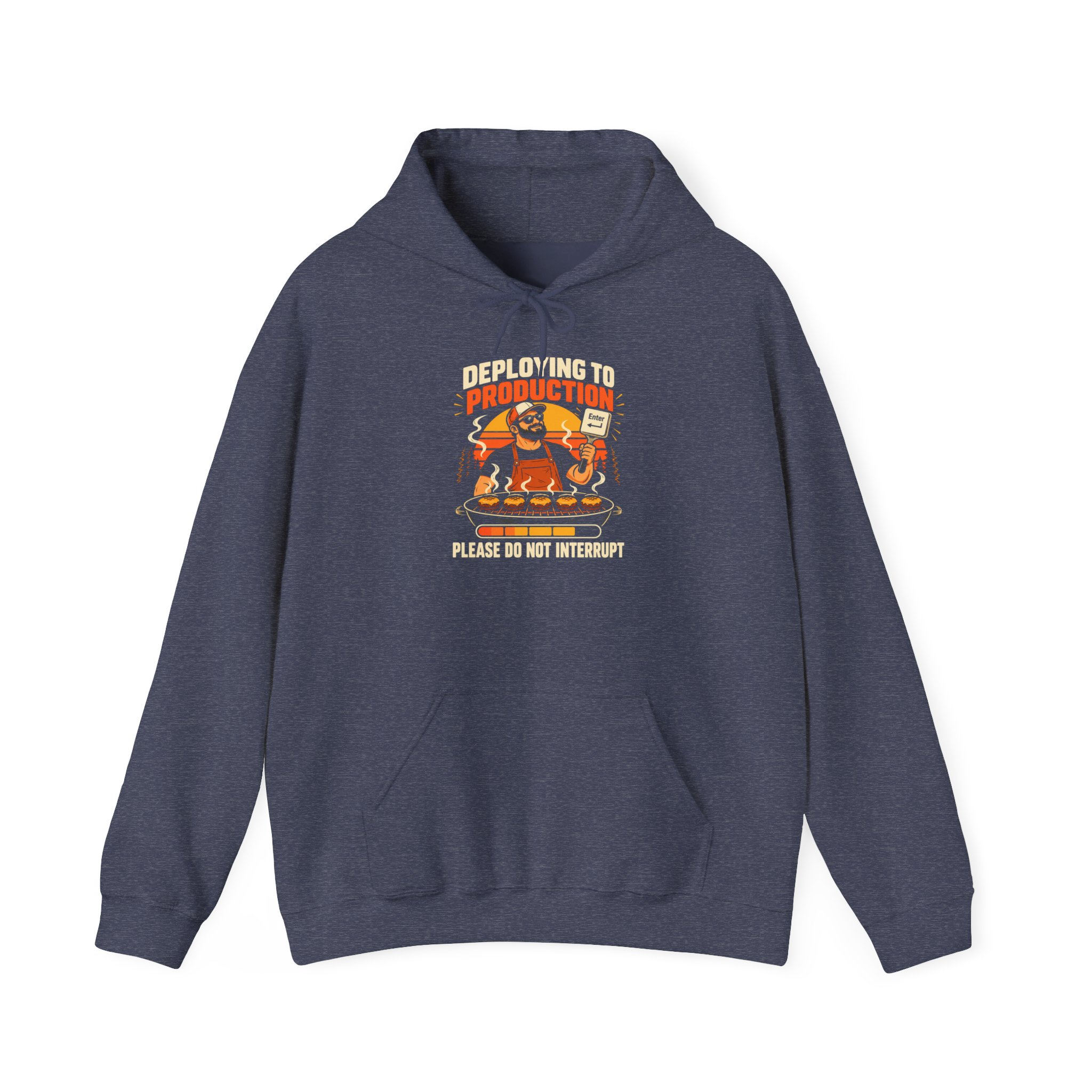 Deploying to Production hoodie in Heather Sport Dark Navy, front view