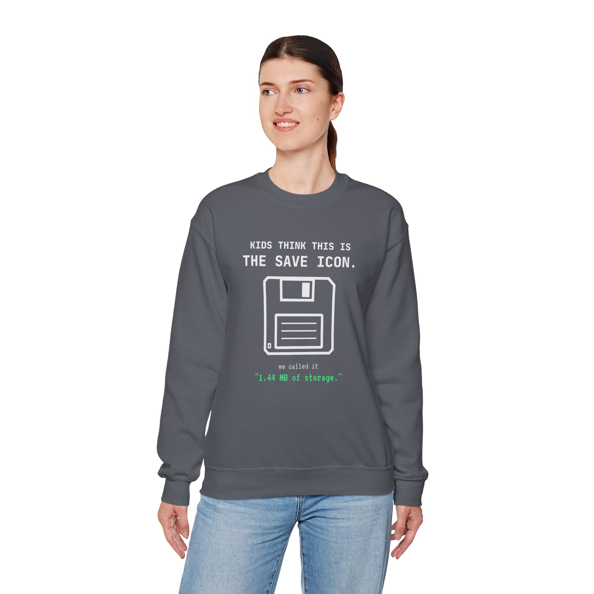 The Original Save Icon crewneck sweatshirt in Charcoal, worn by a model, fourth view