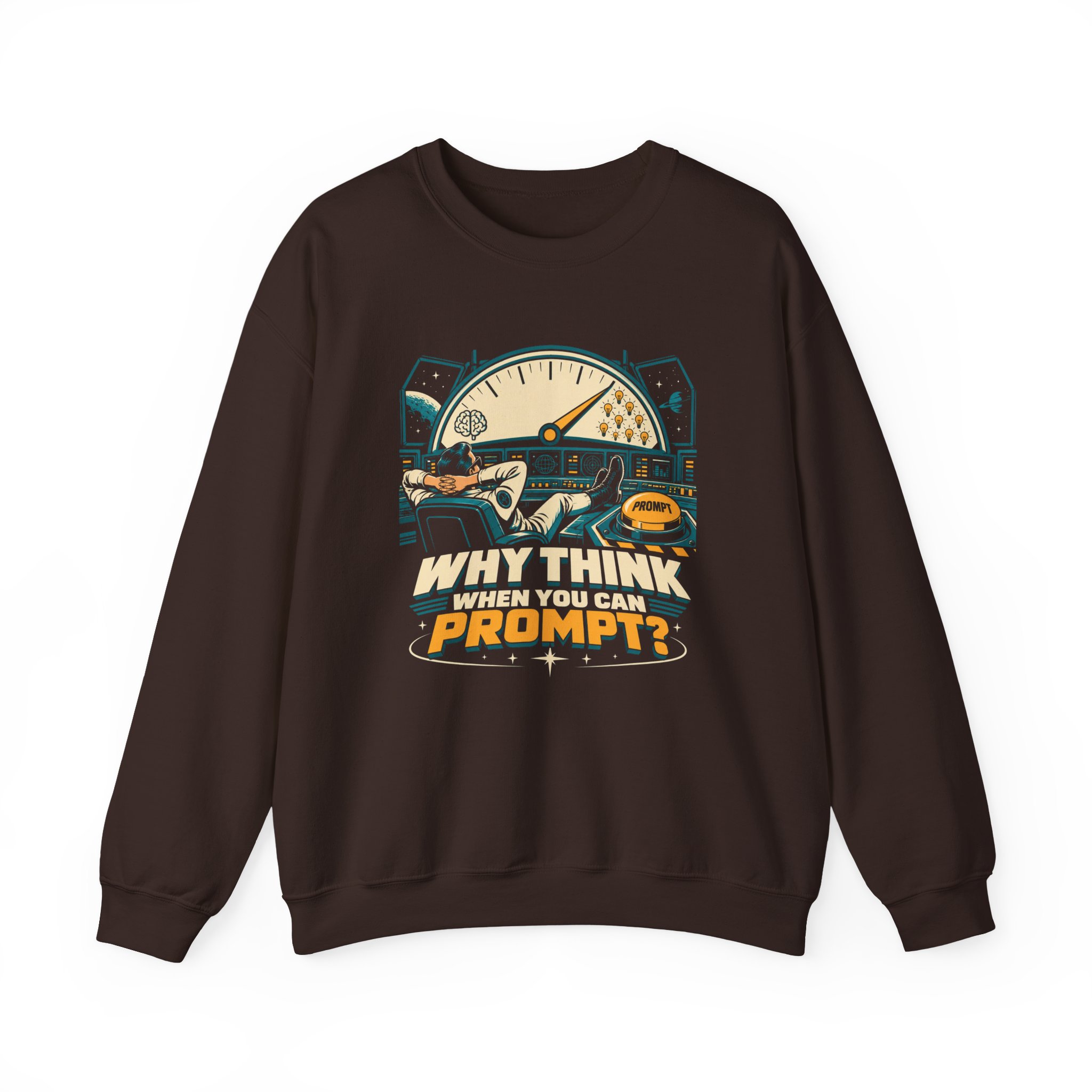 Prompt Mission Control crewneck sweatshirt in Dark Chocolate, front view