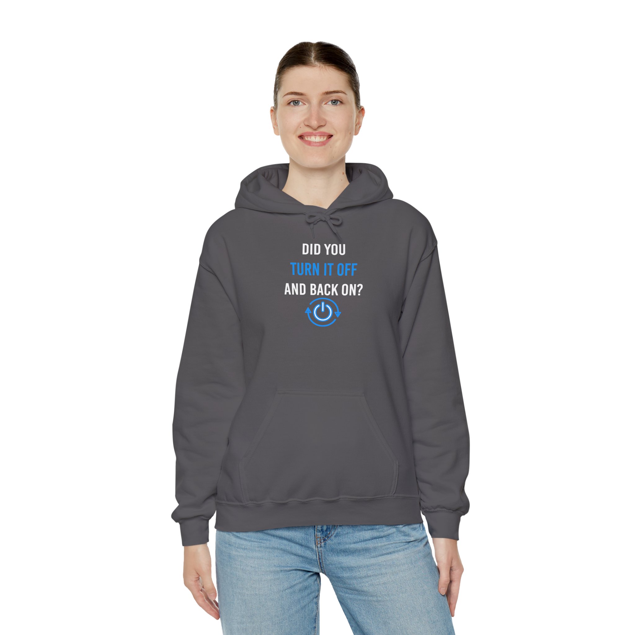 Did You Turn It Off and Back On? hoodie in Charcoal, worn by a model, third view