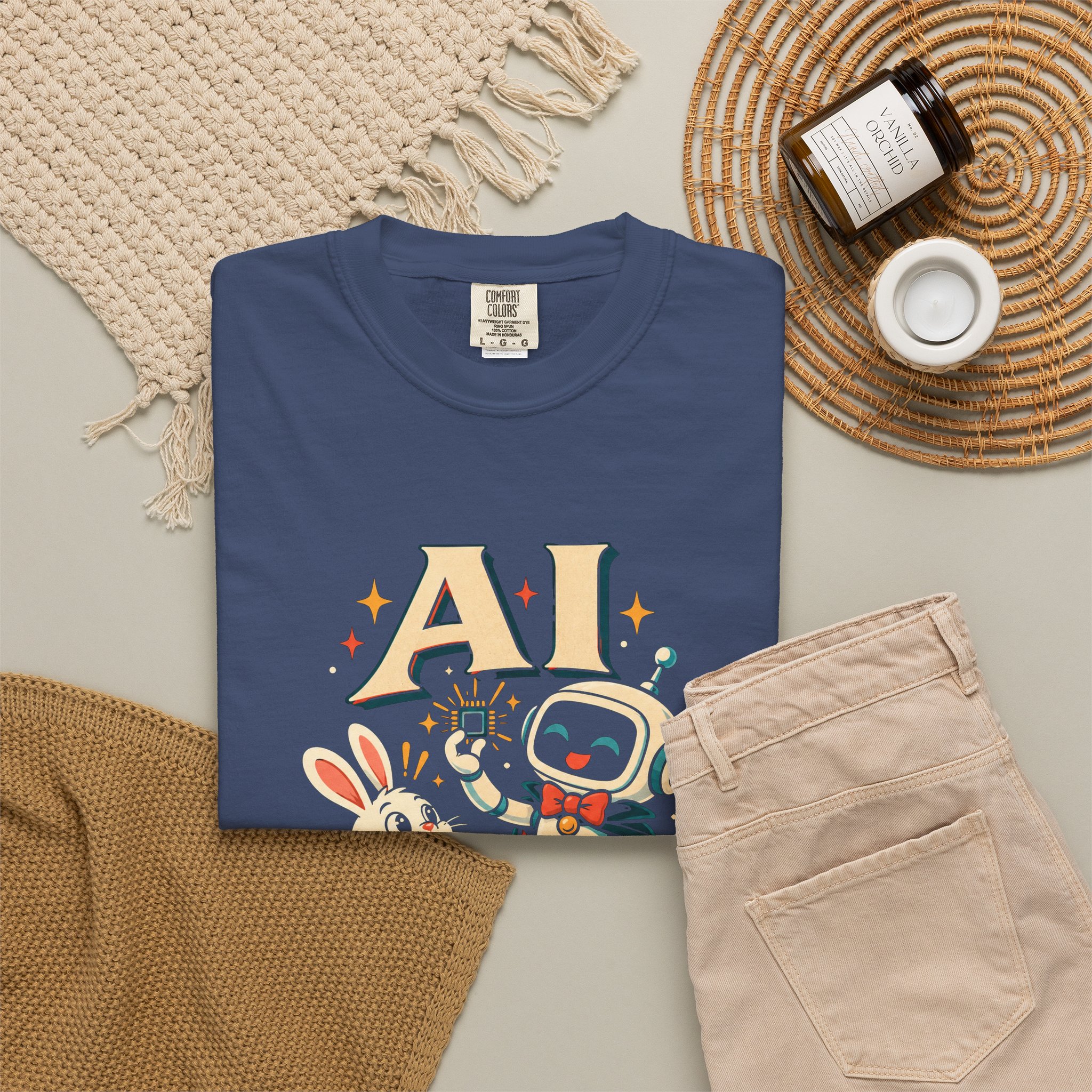 AI Magic Bunny T-shirt in China Blue, folded 2