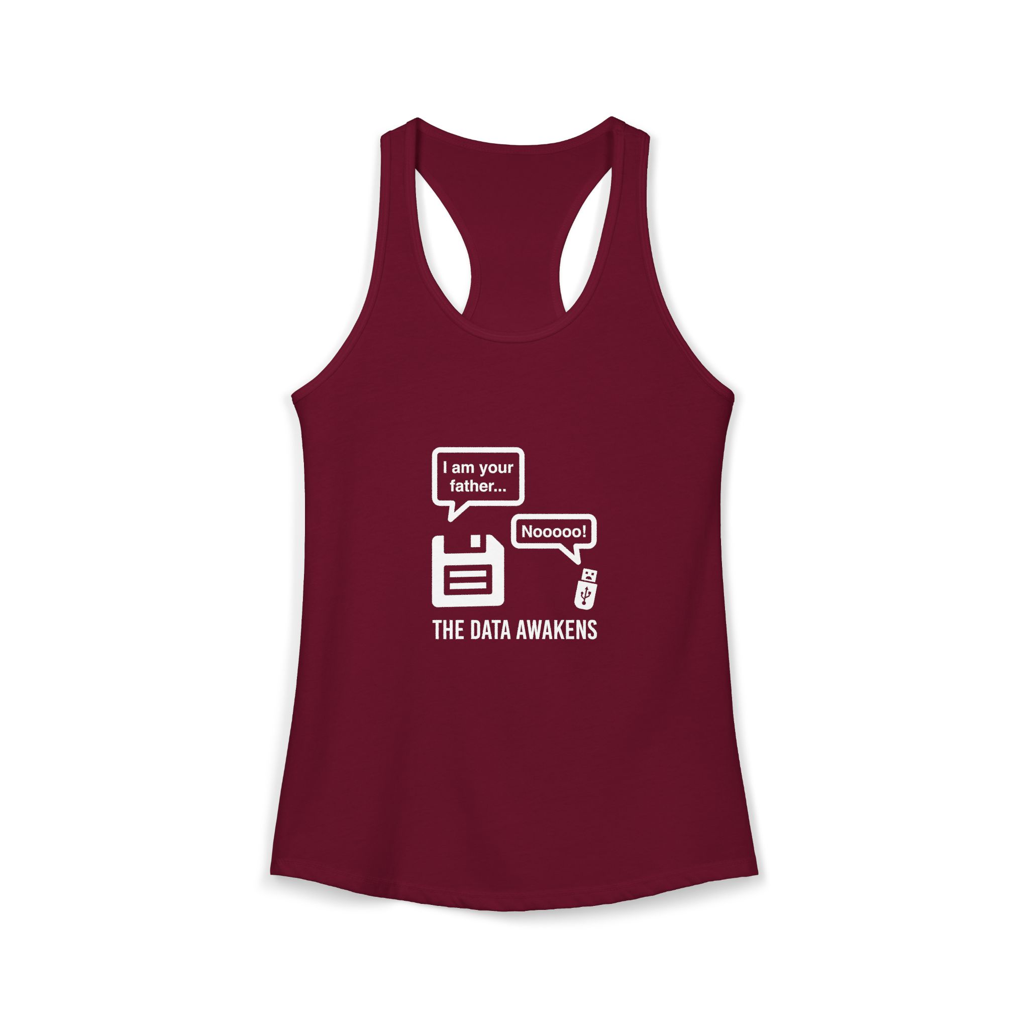 The Data Awakens women's racerback tank in Solid Cardinal Red, front 2