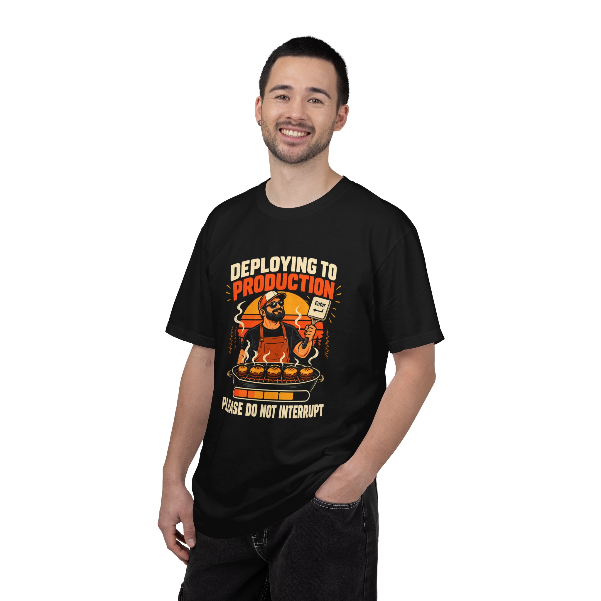 Deploying to Production T-shirt in Black, worn by a man