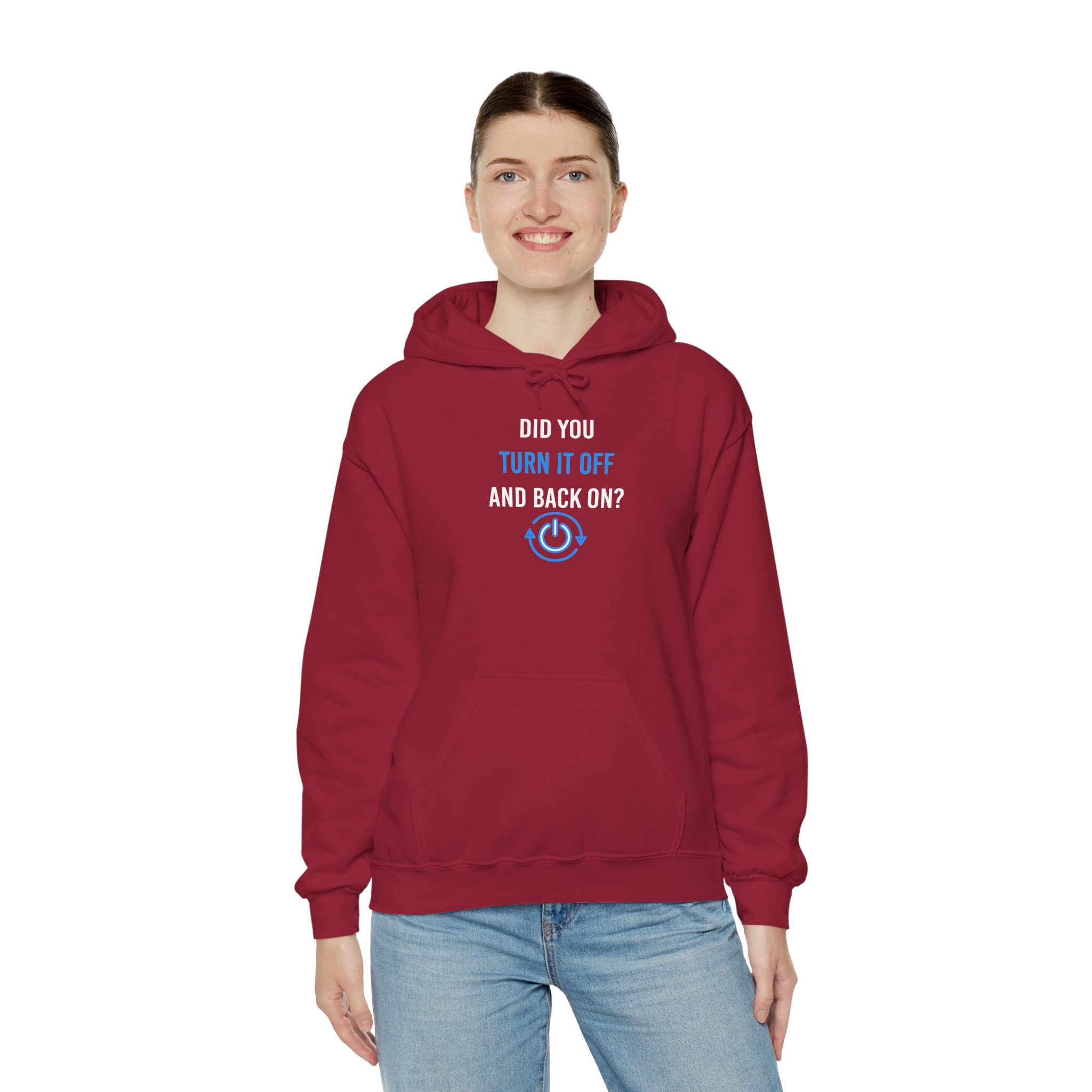 Did You Turn It Off and Back On? hoodie in Cardinal Red, worn by a model, third view