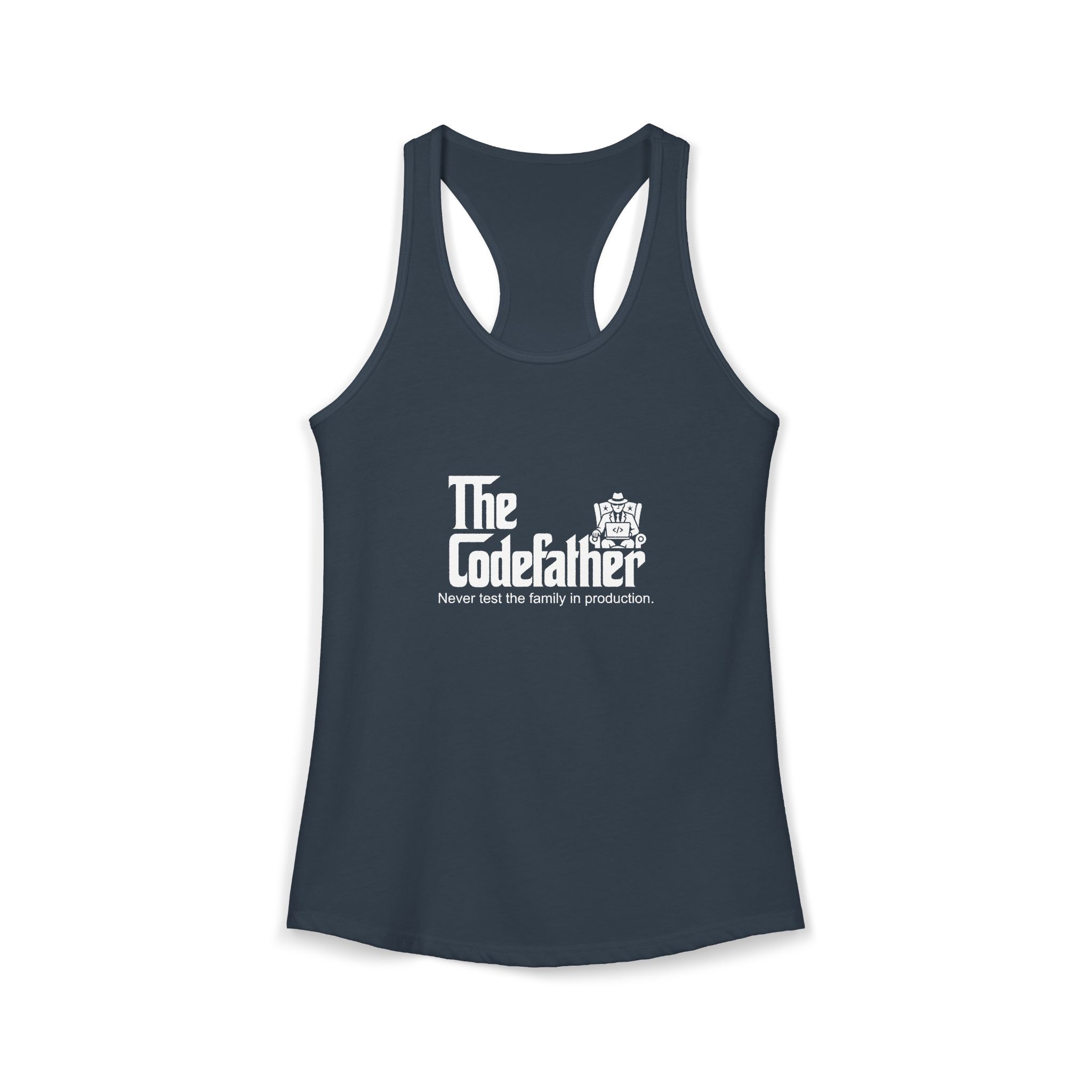 The Codefather women's racerback tank in Solid Indigo, front 2