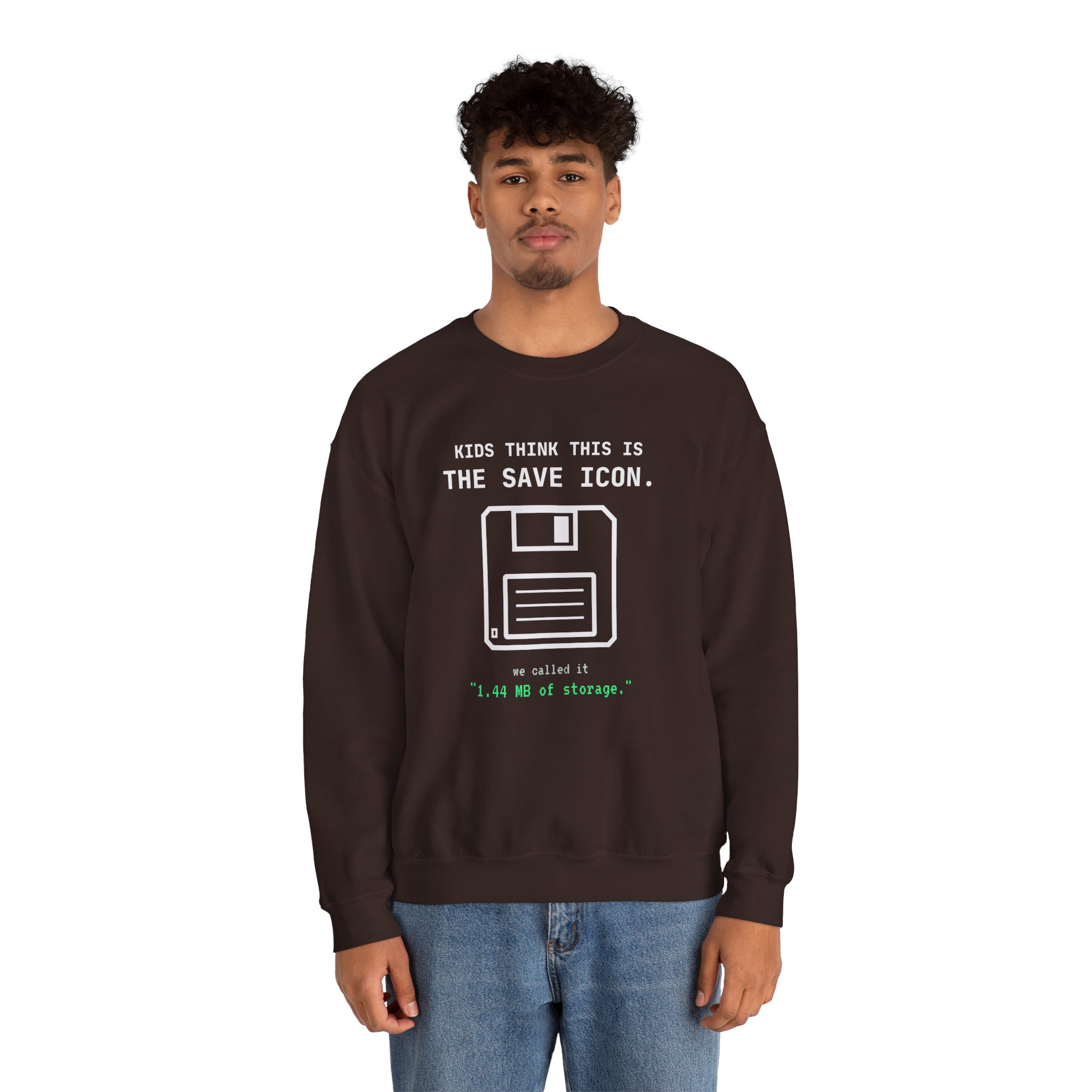 The Original Save Icon crewneck sweatshirt in Dark Chocolate, worn by a model, second view