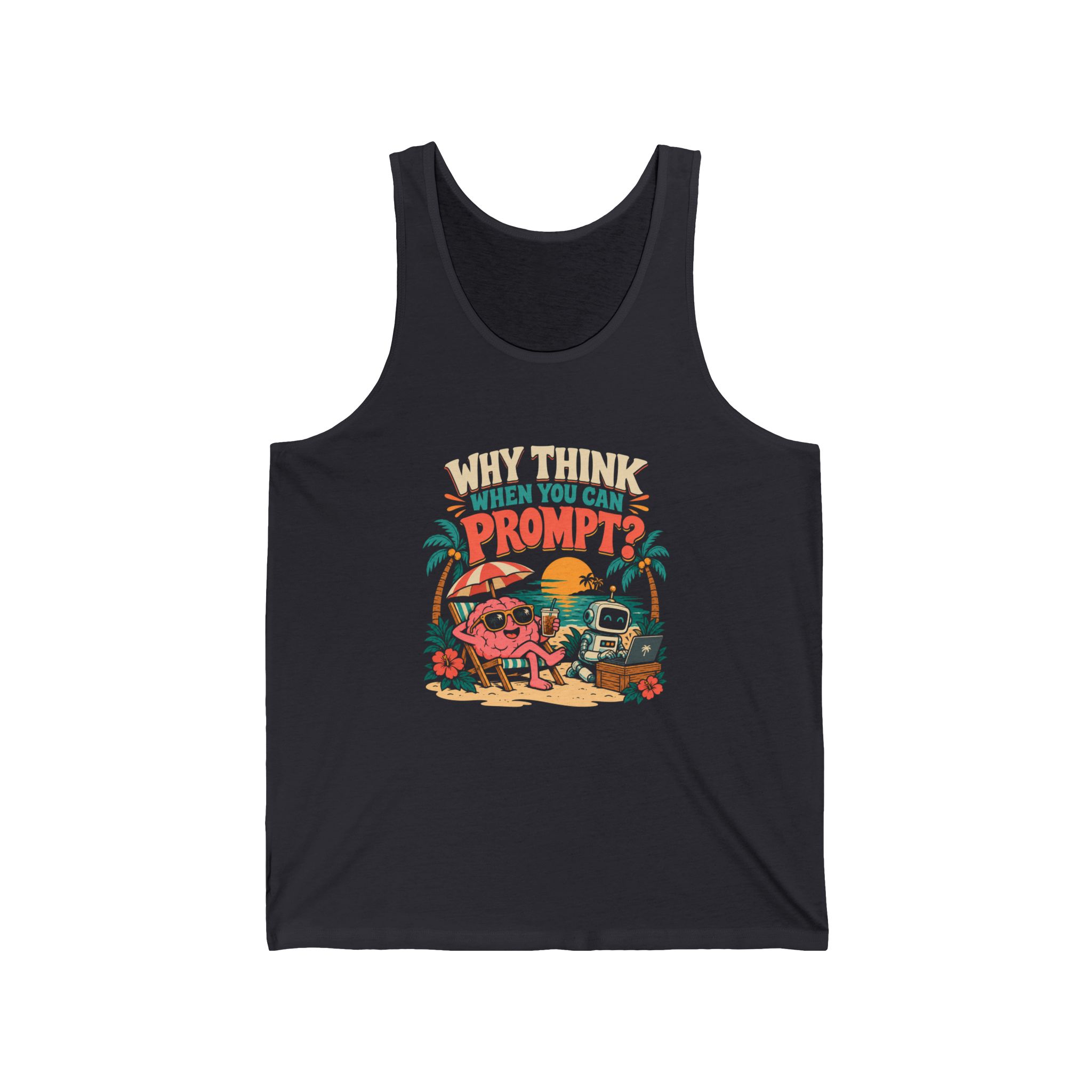 Prompt Beach Brain unisex tank in Dark Grey, front view