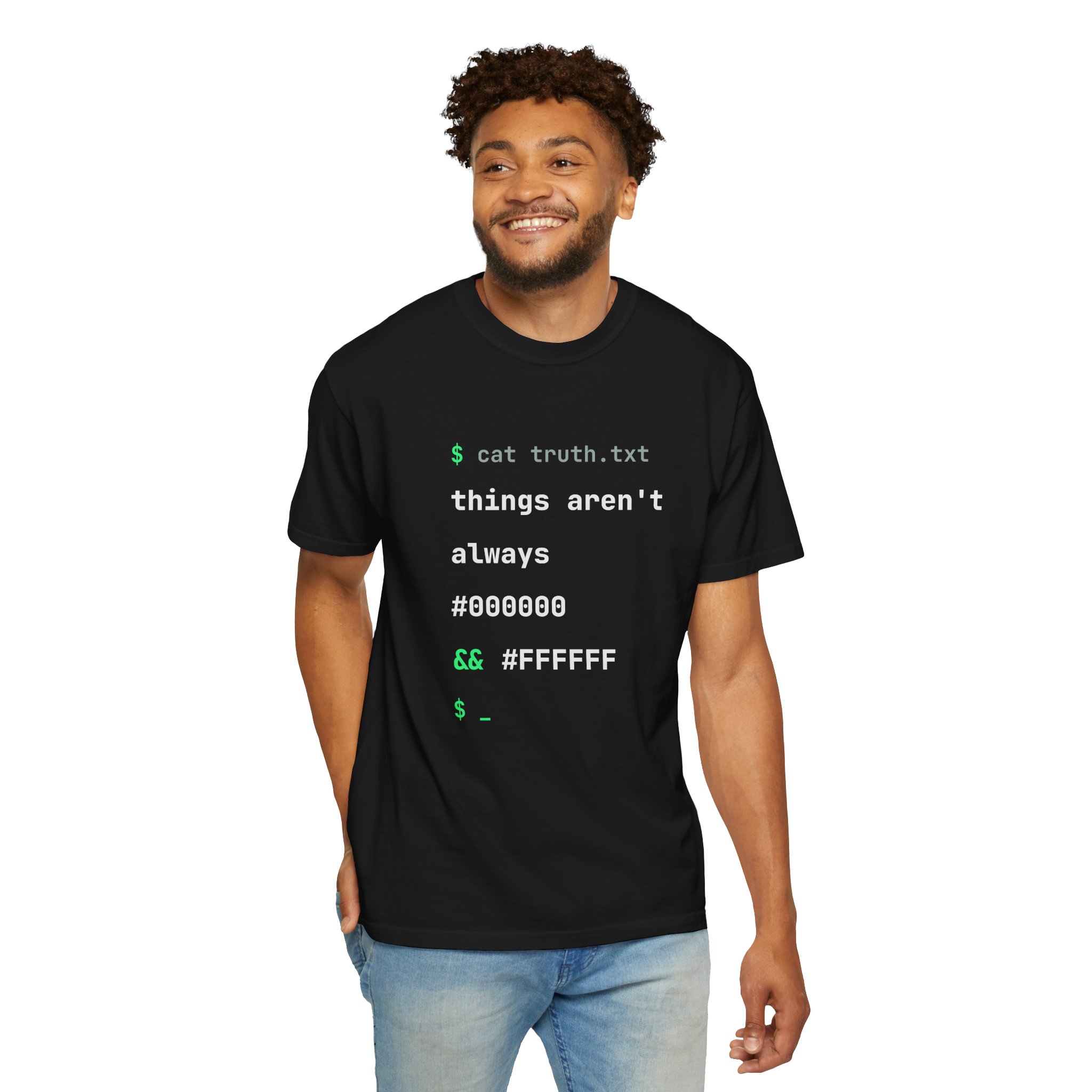 cat truth.txt T-shirt in Black, worn by a man, second model