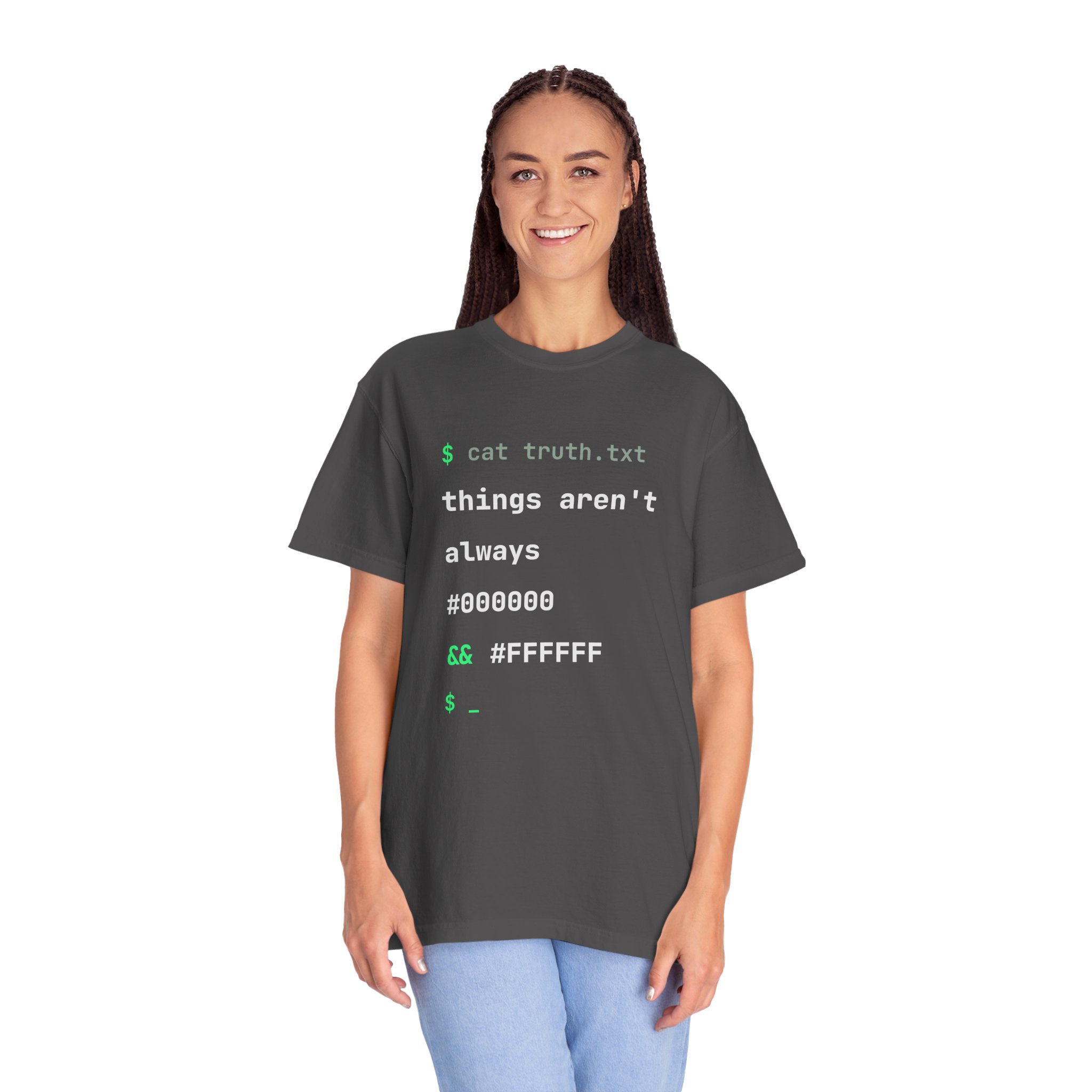 cat truth.txt T-shirt in Graphite, worn by a woman