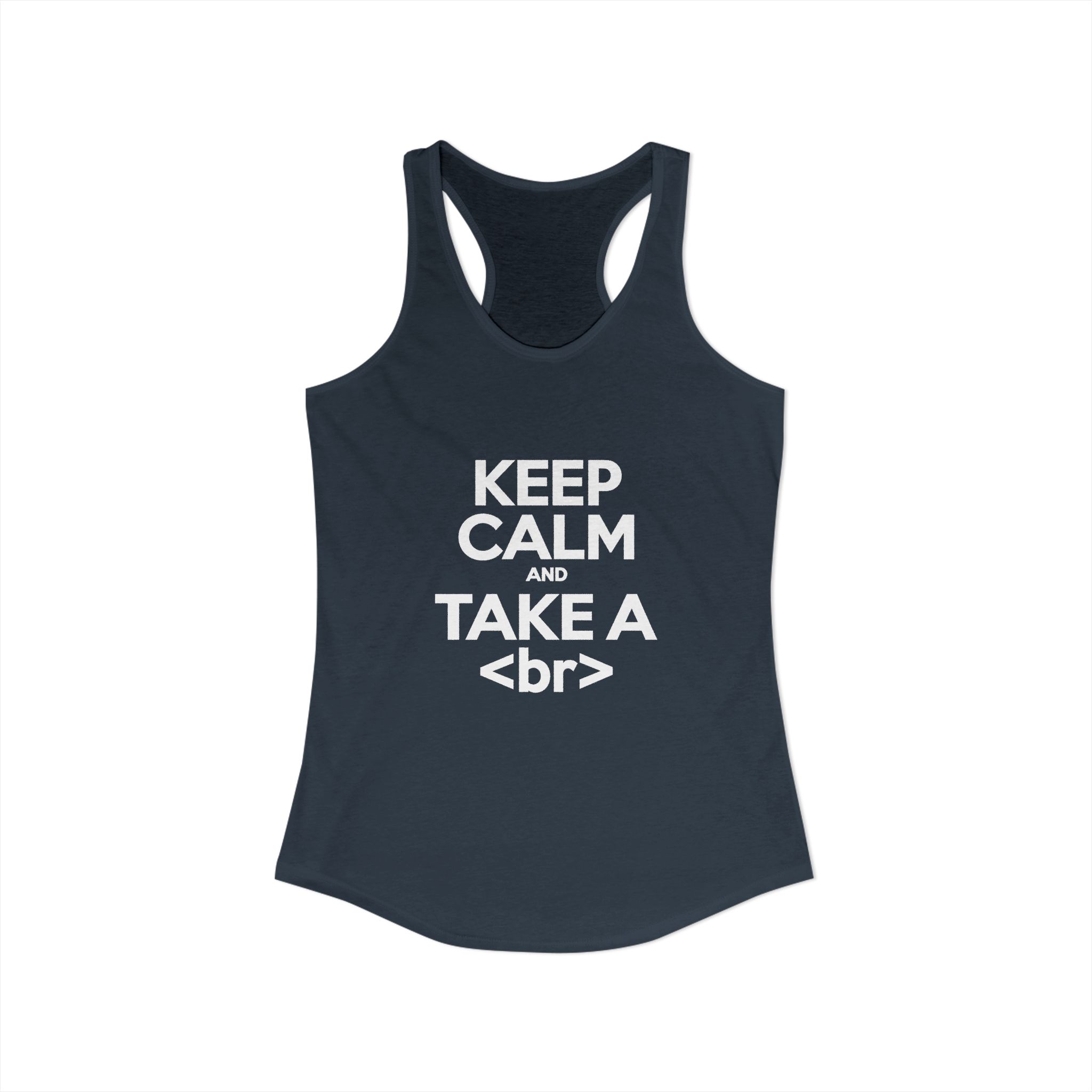 Keep Calm and Take a Break women's racerback tank in Solid Indigo, front view