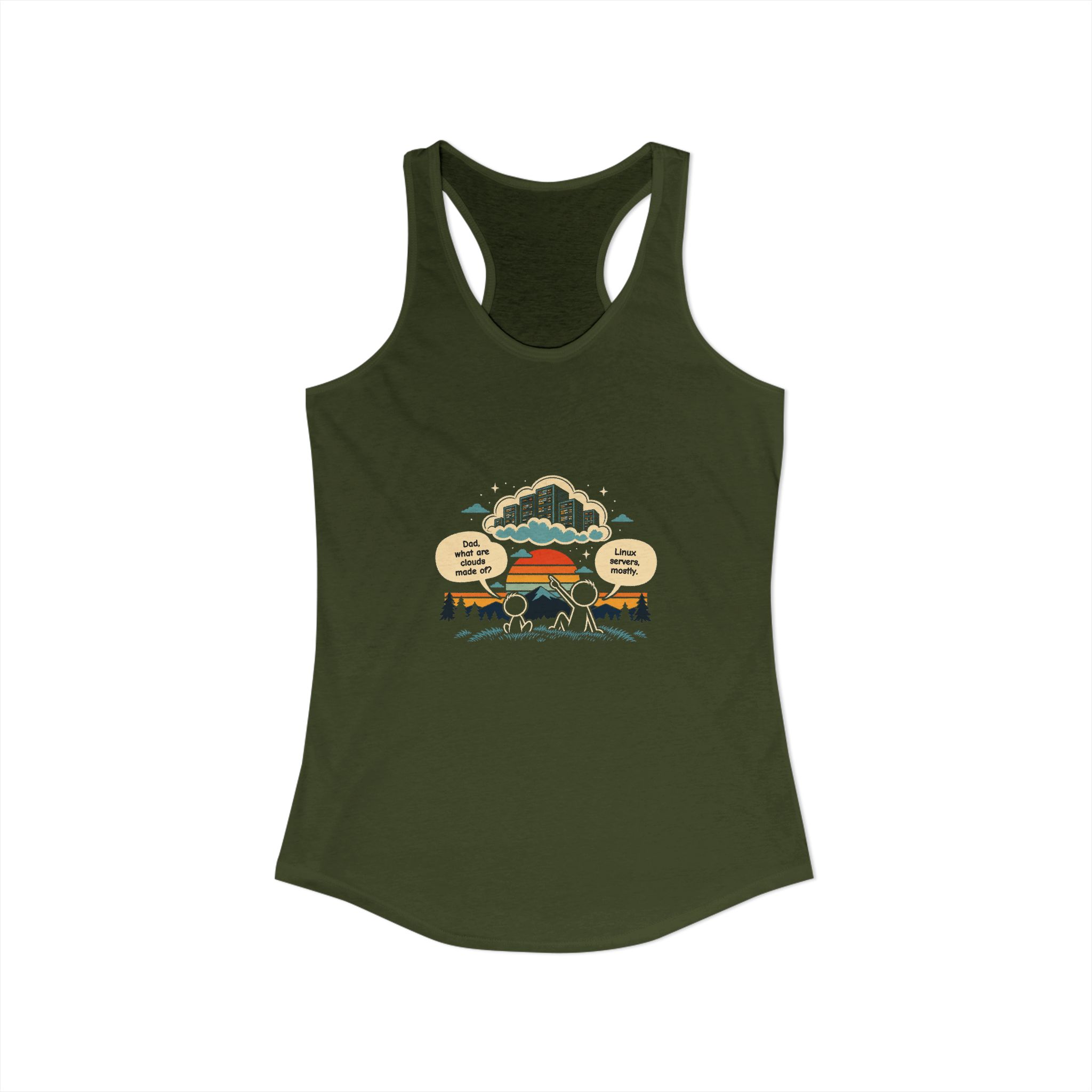 Linux Clouds women's racerback tank in Solid Military Green, front view
