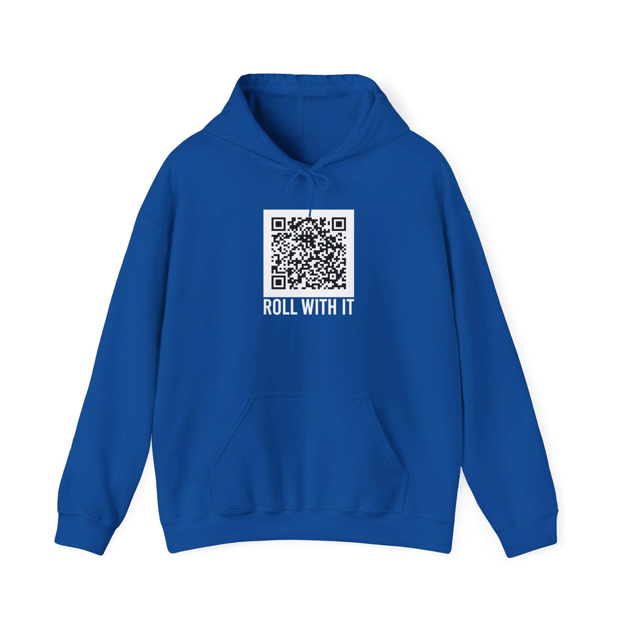 Roll With It QR Code hoodie in Royal, front view