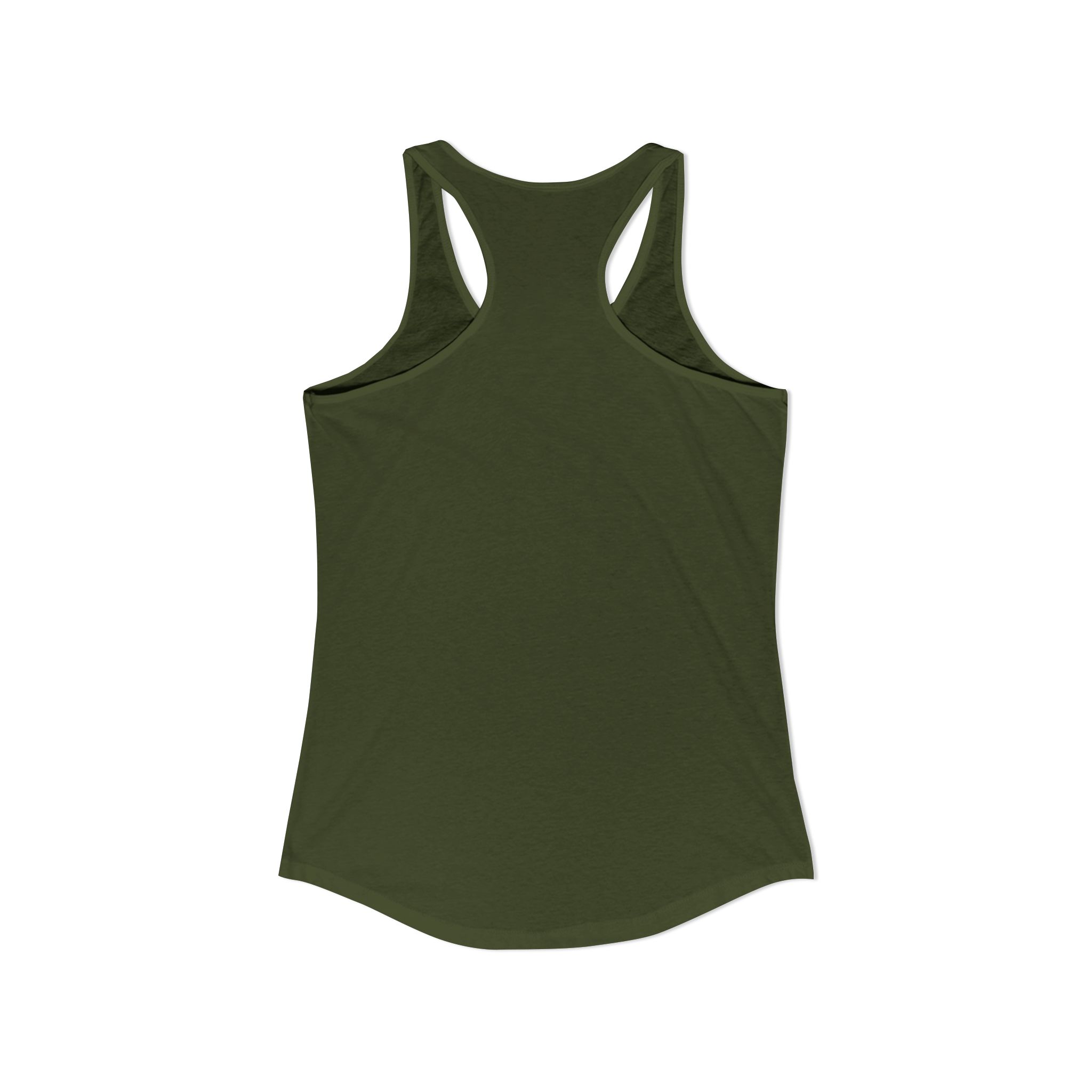 In Case of Burnout women's racerback tank in Solid Military Green, back view