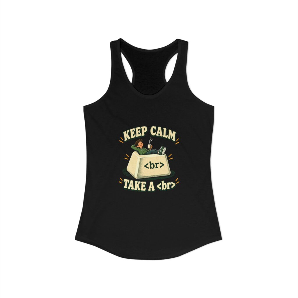 Keep Calm Keycap women's racerback tank in Solid Black, front view