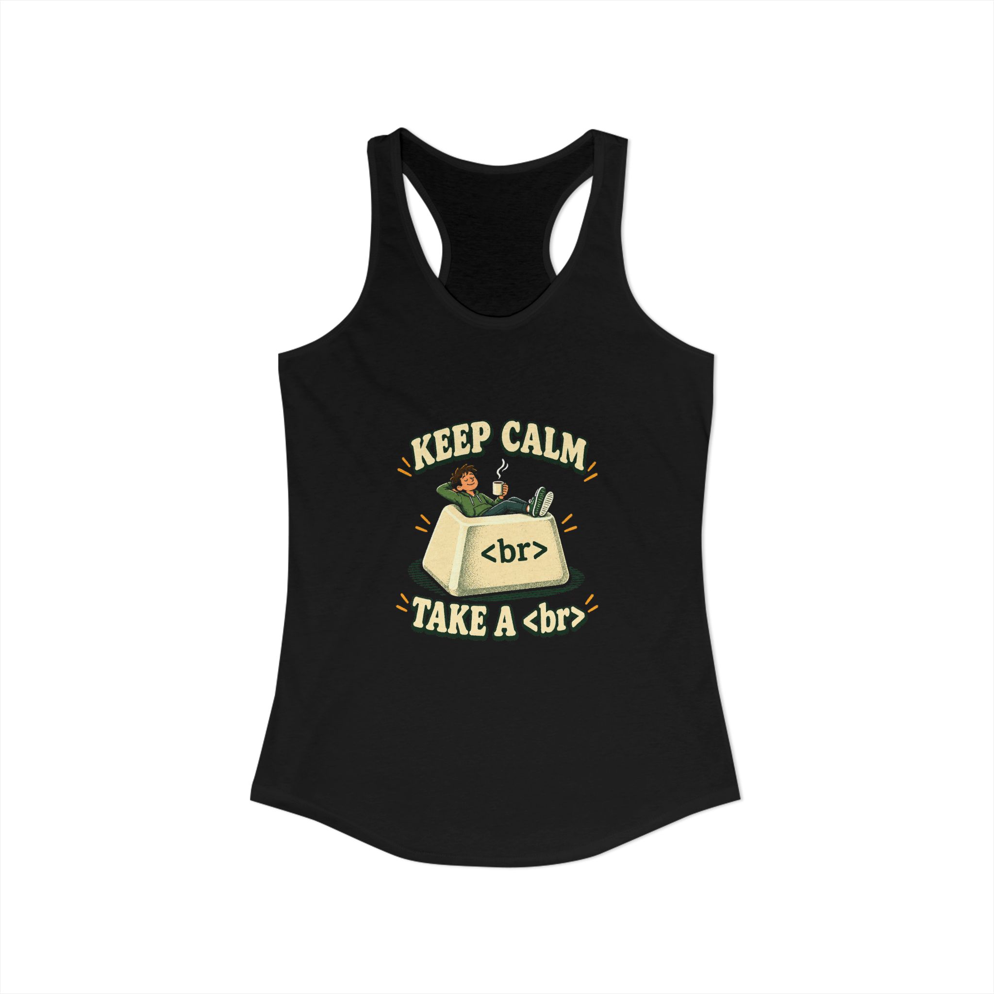 Keep Calm Keycap women's racerback tank in Solid Black, front view
