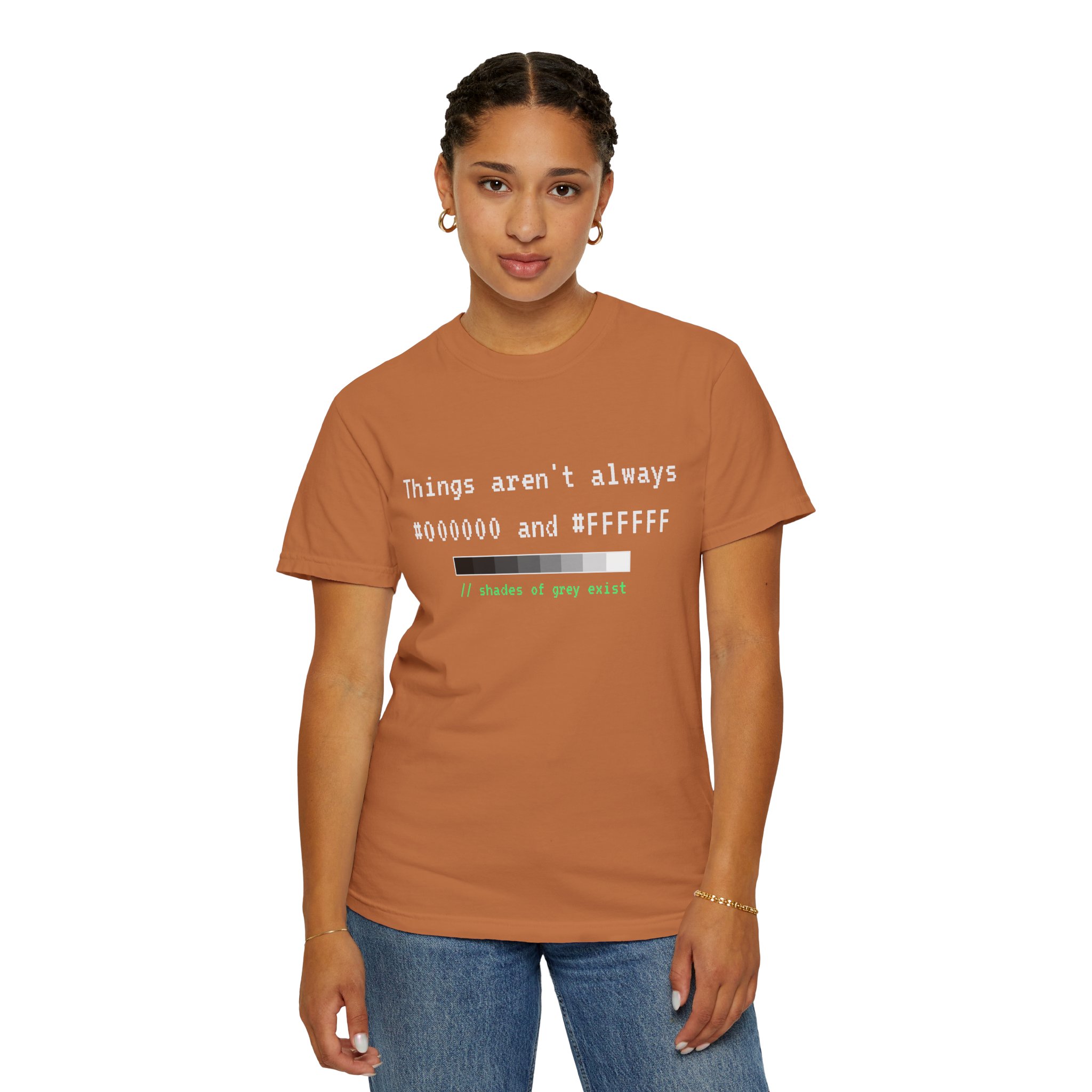 Shades of Grey Exist T-shirt in Yam, worn by a woman, second model