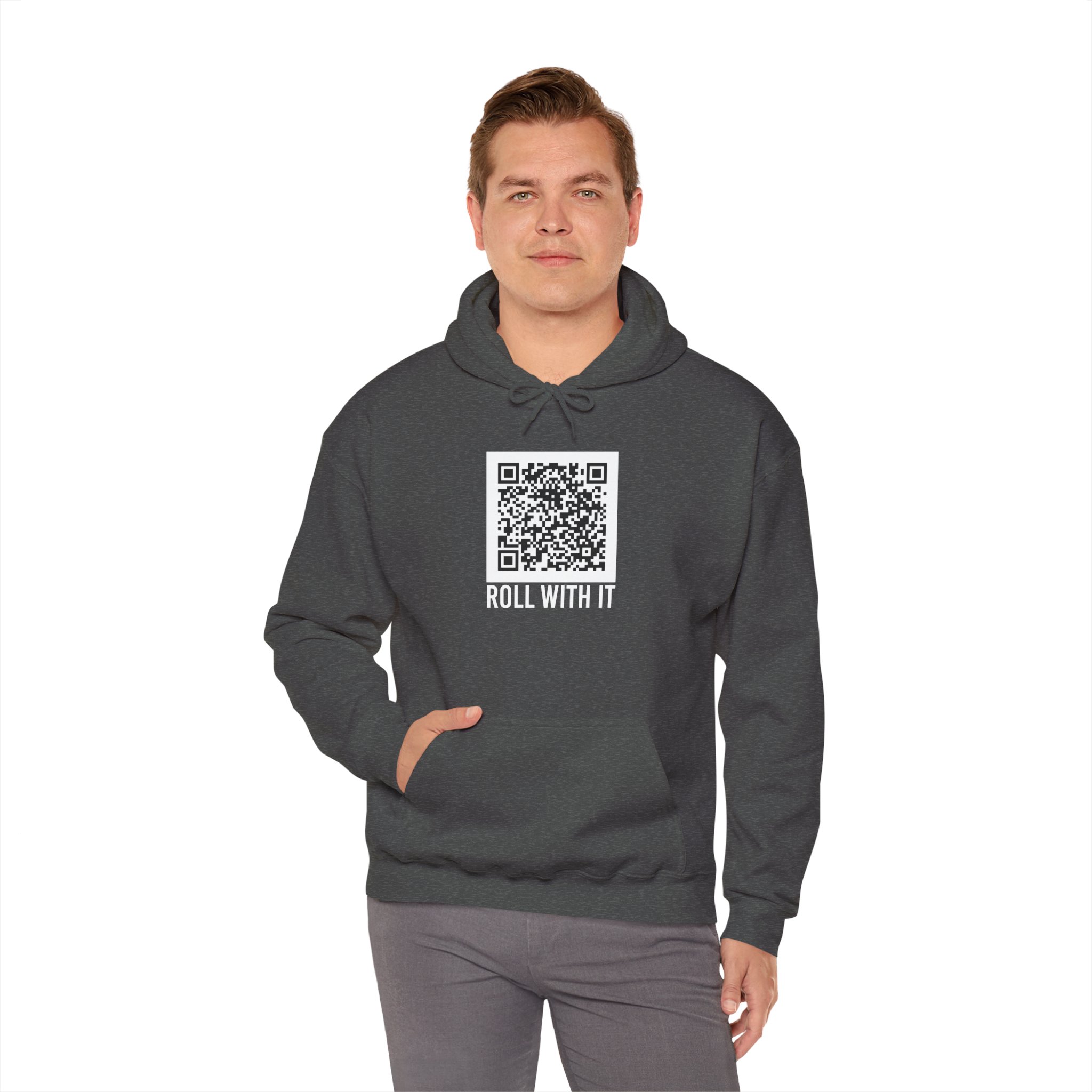 Roll With It QR Code hoodie in Dark Heather, worn by a model, fourth view