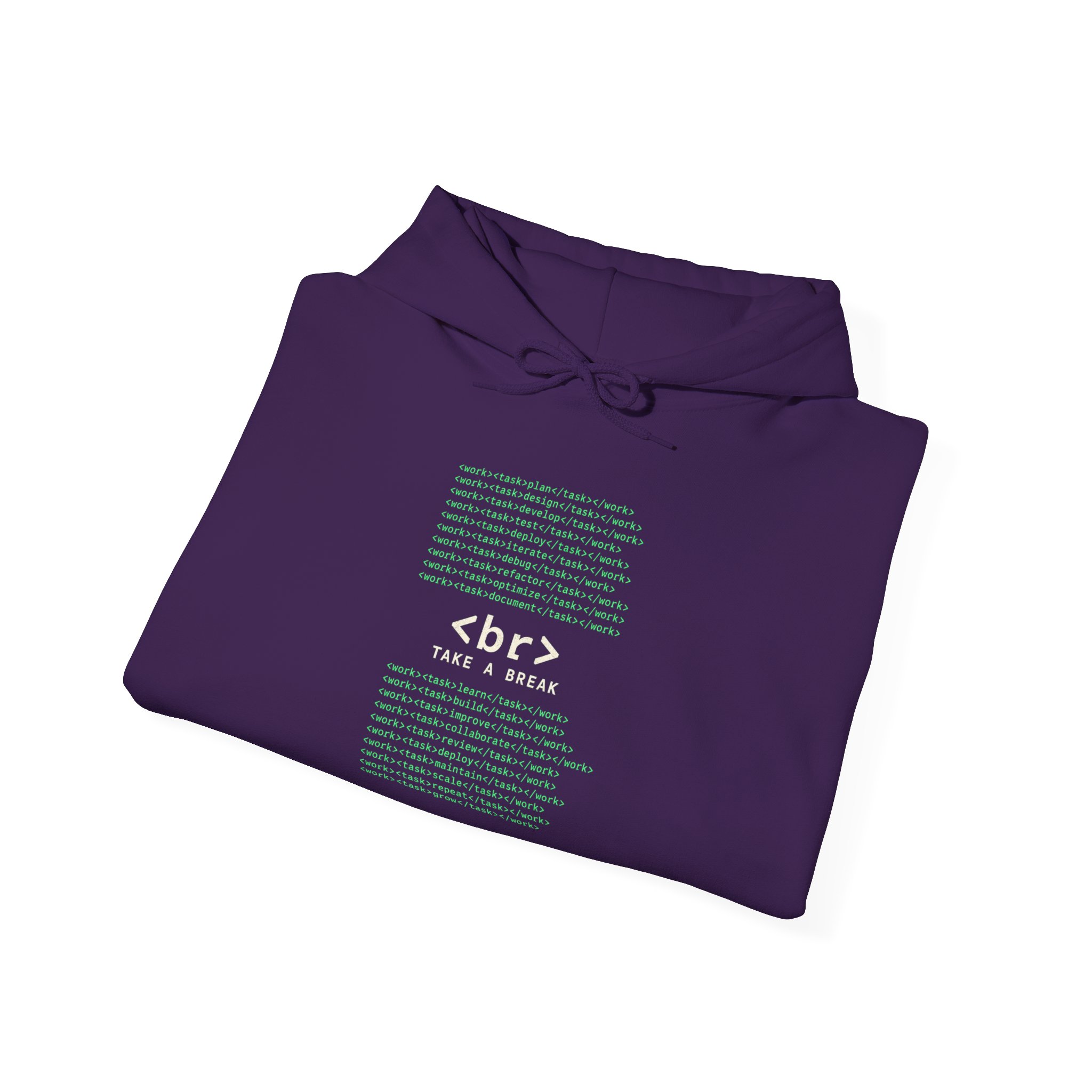 Work Work Break hoodie in Purple, folded
