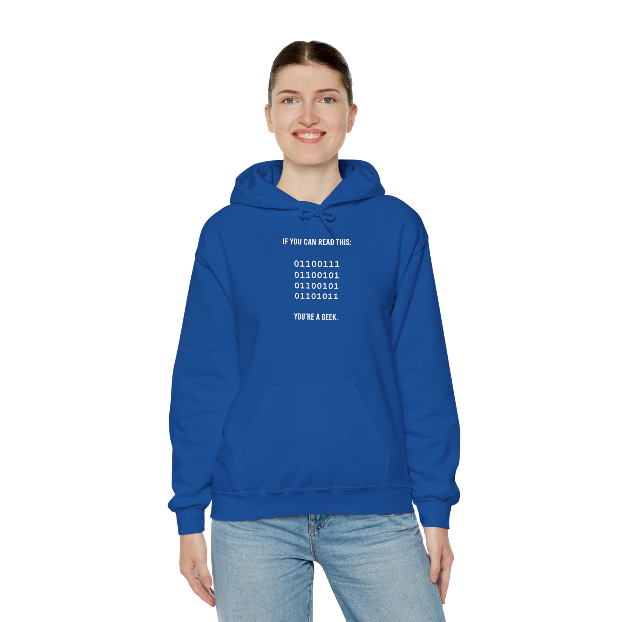 Geek Binary Code hoodie in Royal, worn by a model, third view
