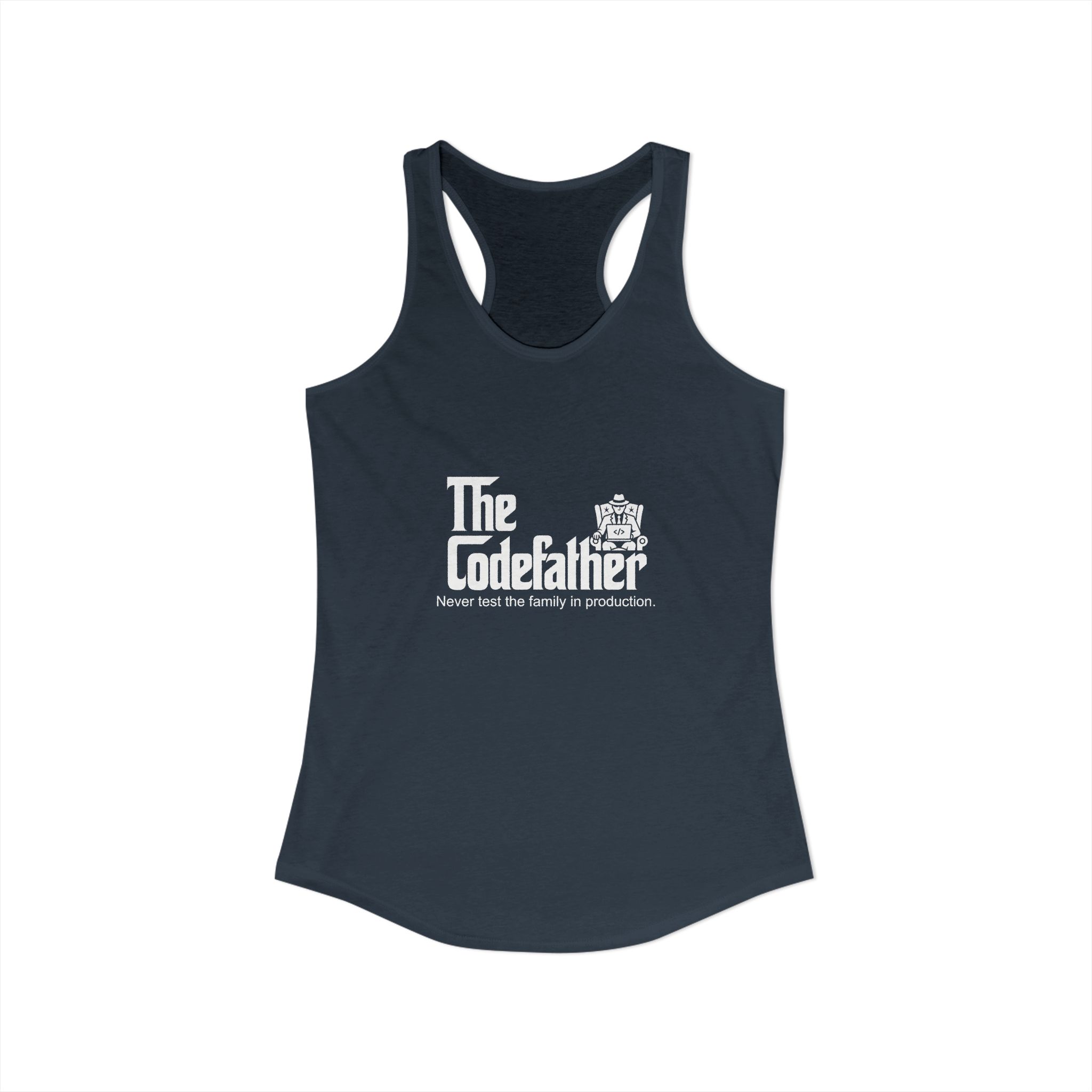The Codefather women's racerback tank in Solid Indigo, front view
