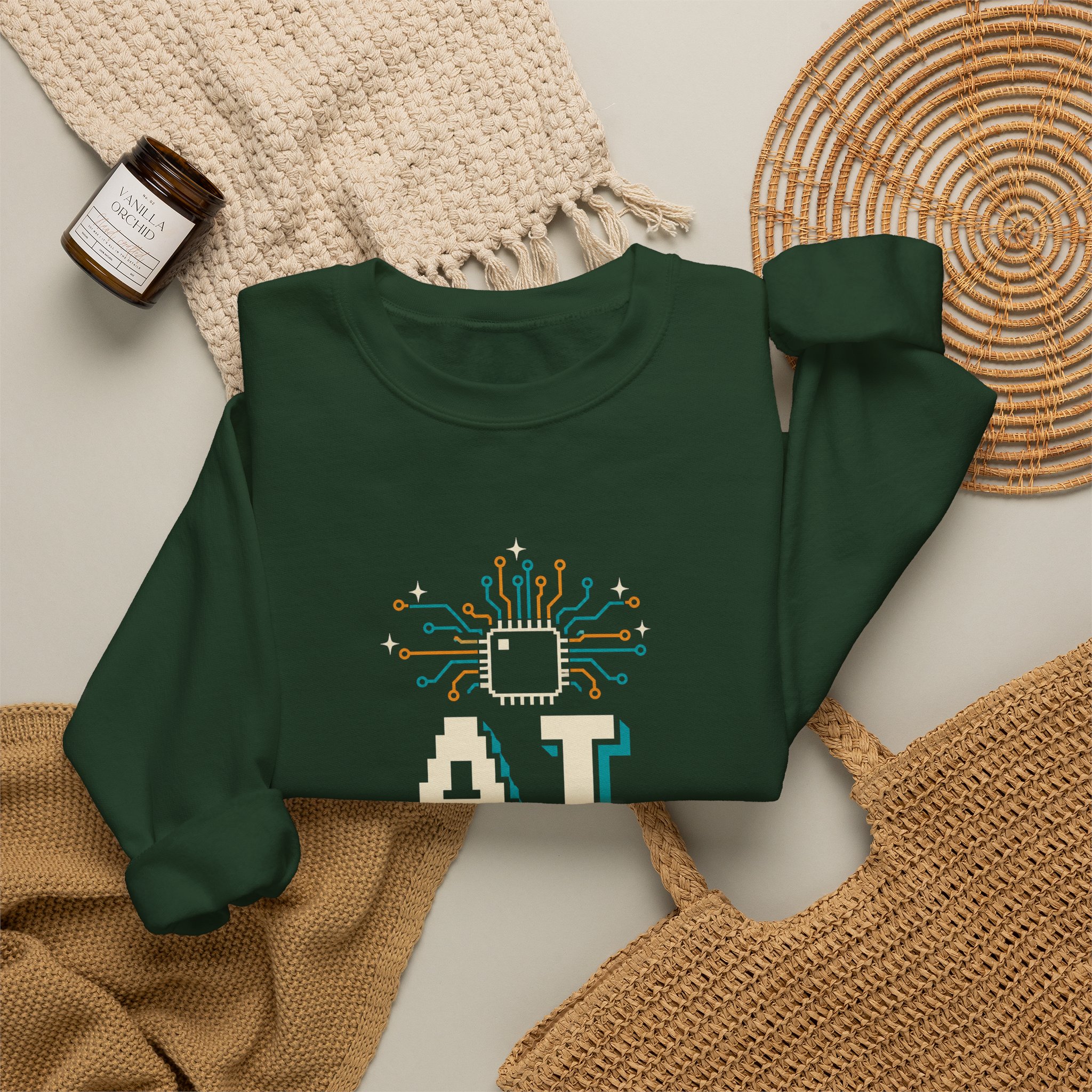 AI Magic Chip crewneck sweatshirt in Forest Green, folded 2