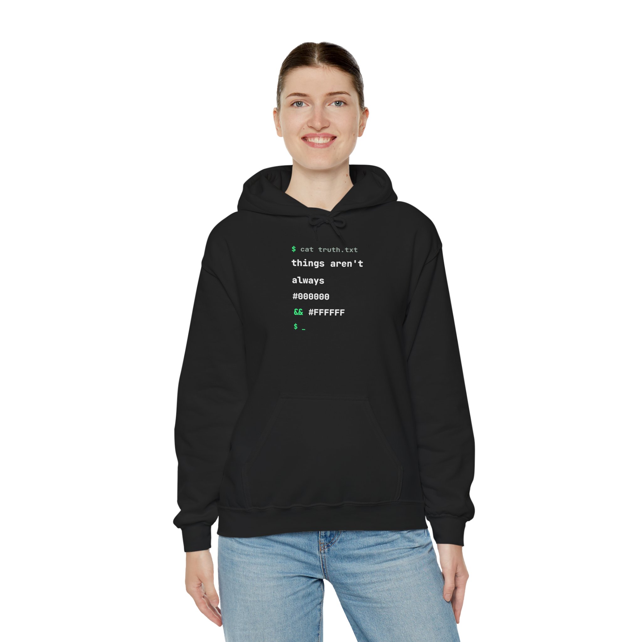 cat truth.txt hoodie in Black, worn by a model, third view