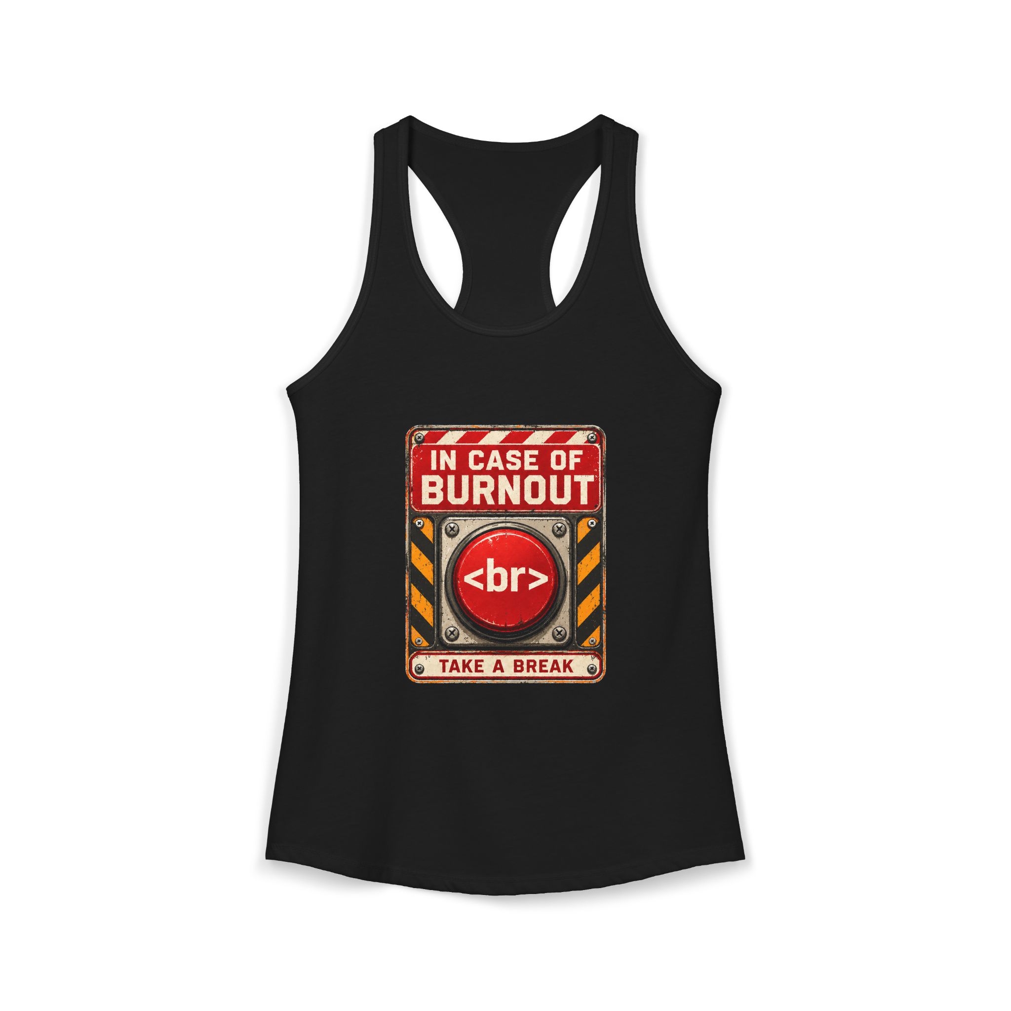 In Case of Burnout women's racerback tank in Solid Black, front 2